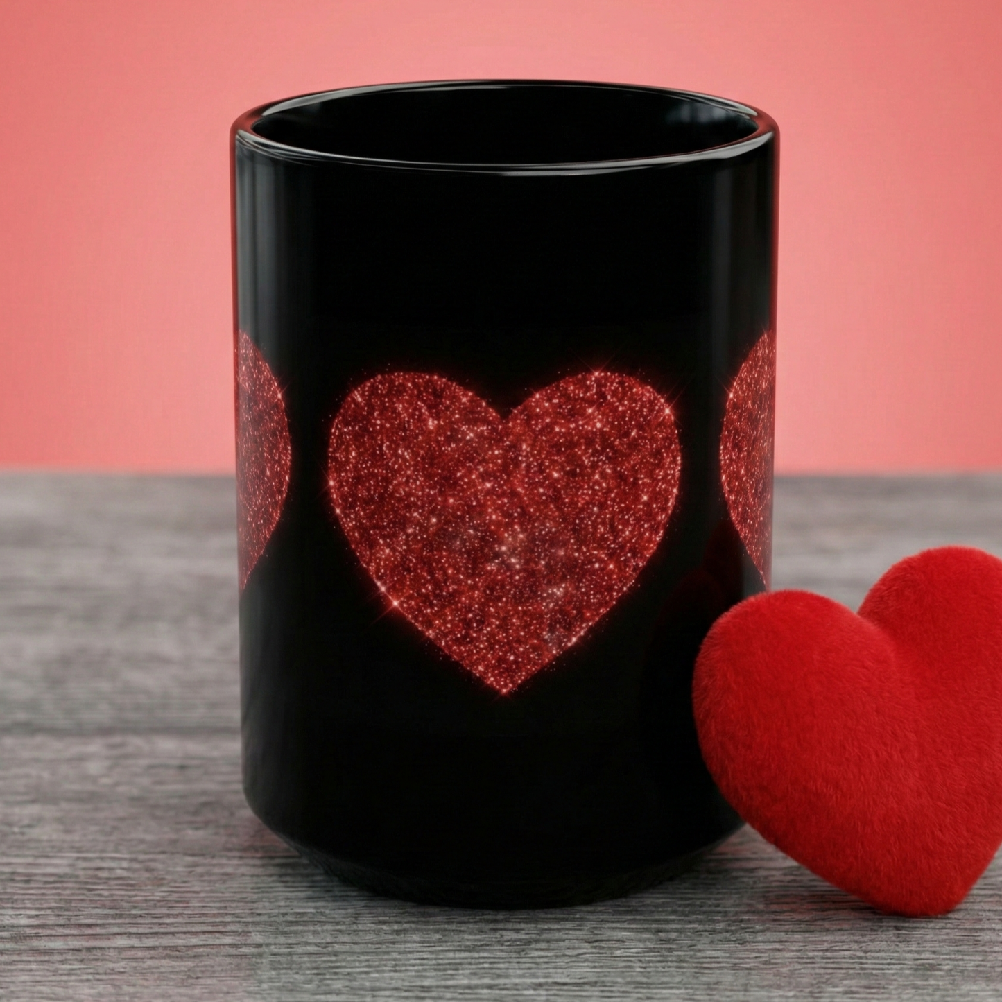 Glitter Heart Mug, Red Sparkle Heart Coffee Cup, Black Valentine Mug, Love Gift For Her Him, Romantic Coffee Mug