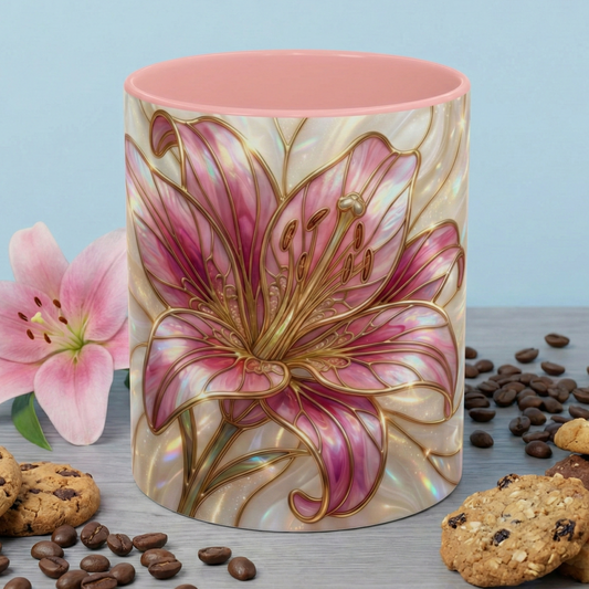 Stained Glass Pink Lily Mug, Floral Coffee Mug, Lily Flower Mug, Cottagecore Tea Cup, Aesthetic Mug, Gift For Her, Floral Gift