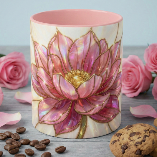 Stained Glass Pink Lotus Mug, Lotus Flower Coffee Mug, Floral Tea Cup, Cottagecore Mug, Aesthetic Floral Mug, Gift For Her