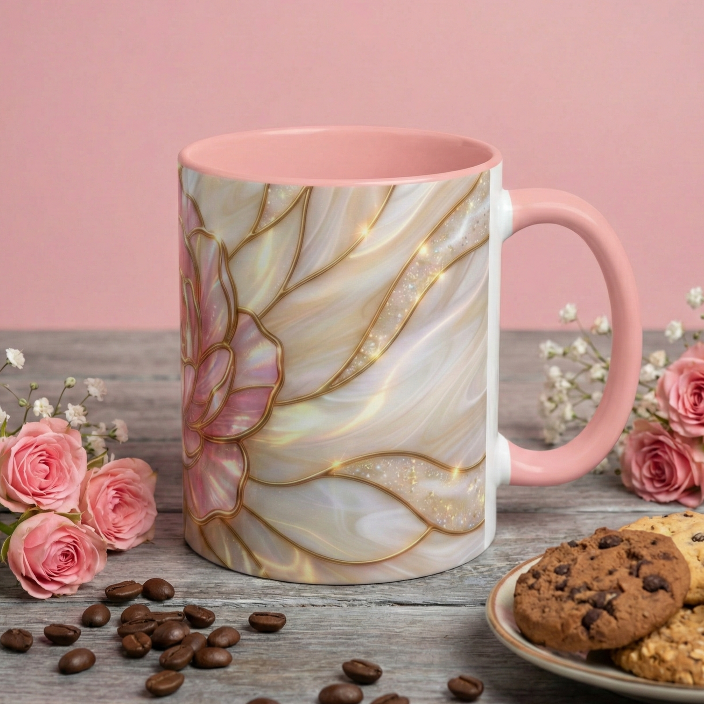 Pink Peony Stained Glass Mug, Gold Floral Coffee Cup, Elegant Flower Gift For Her, Fairycore Tea Cup, Mothers Day Present, Pearl Art Decor
