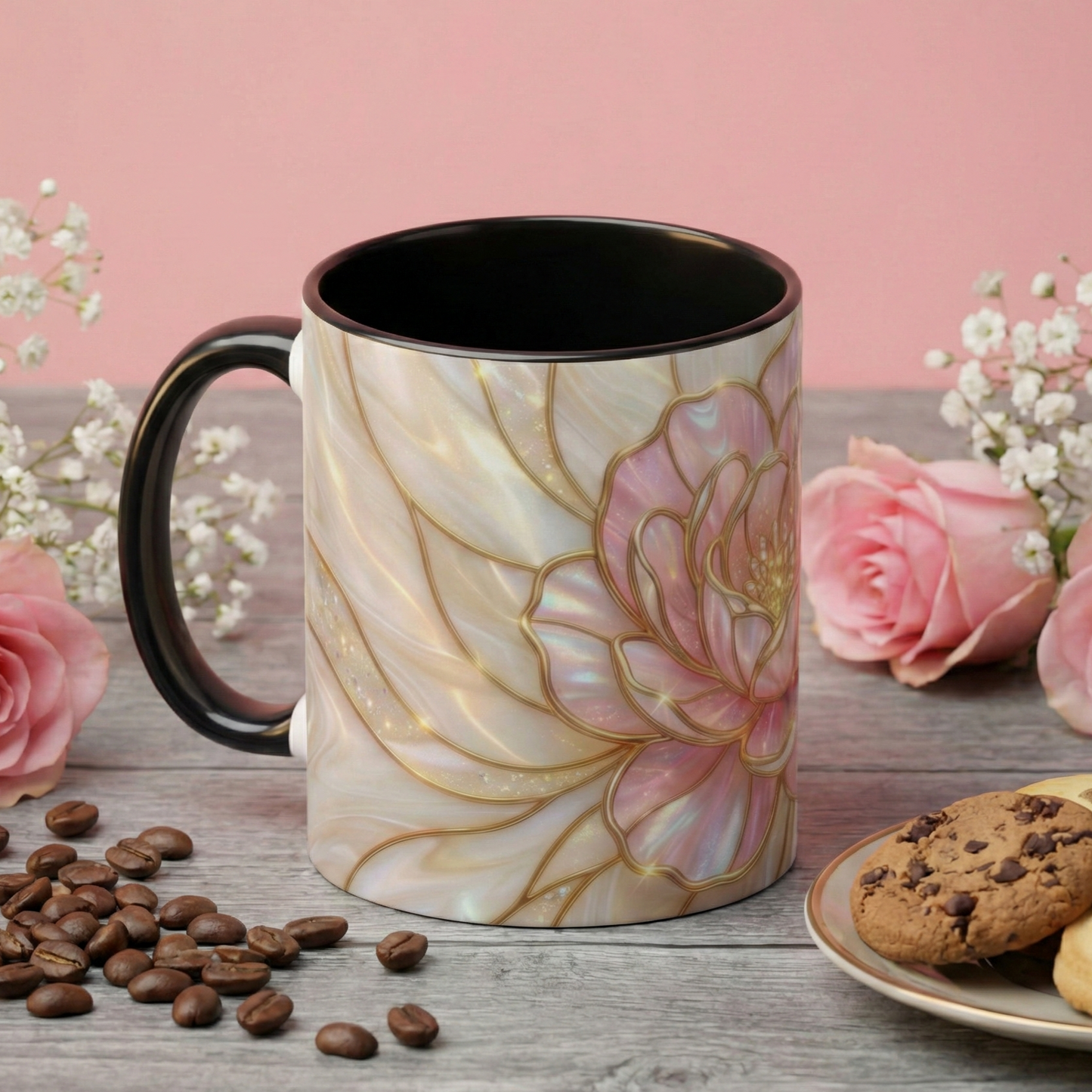 Pink Peony Stained Glass Mug, Gold Floral Coffee Cup, Elegant Flower Gift For Her, Fairycore Tea Cup, Mothers Day Present, Pearl Art Decor