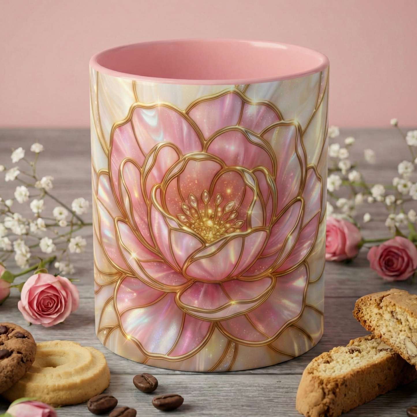 Pink Peony Stained Glass Mug, Gold Floral Coffee Cup, Elegant Flower Gift For Her, Fairycore Tea Cup, Mothers Day Present, Pearl Art Decor