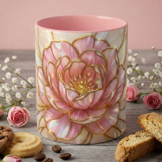 Pink Peony Stained Glass Mug, Gold Floral Coffee Cup, Elegant Flower Gift For Her, Fairycore Tea Cup, Mothers Day Present, Pearl Art Decor