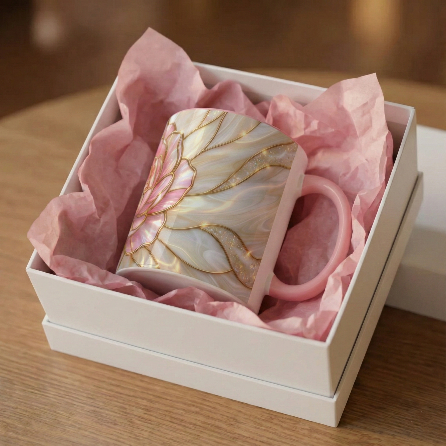 Pink Peony Stained Glass Mug, Gold Floral Coffee Cup, Elegant Flower Gift For Her, Fairycore Tea Cup, Mothers Day Present, Pearl Art Decor