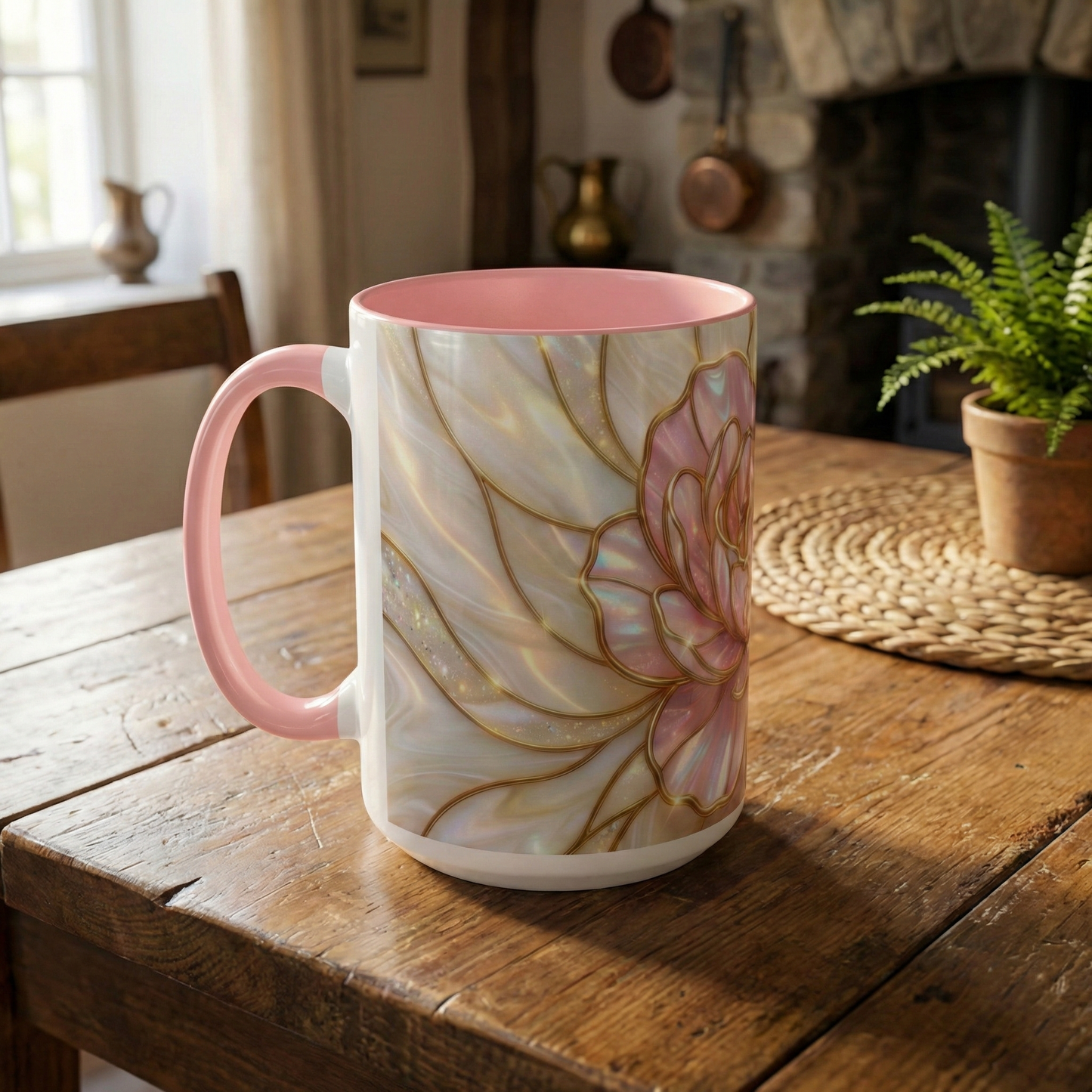 Pink Peony Stained Glass Mug, Gold Floral Coffee Cup, Elegant Flower Gift For Her, Fairycore Tea Cup, Mothers Day Present, Pearl Art Decor