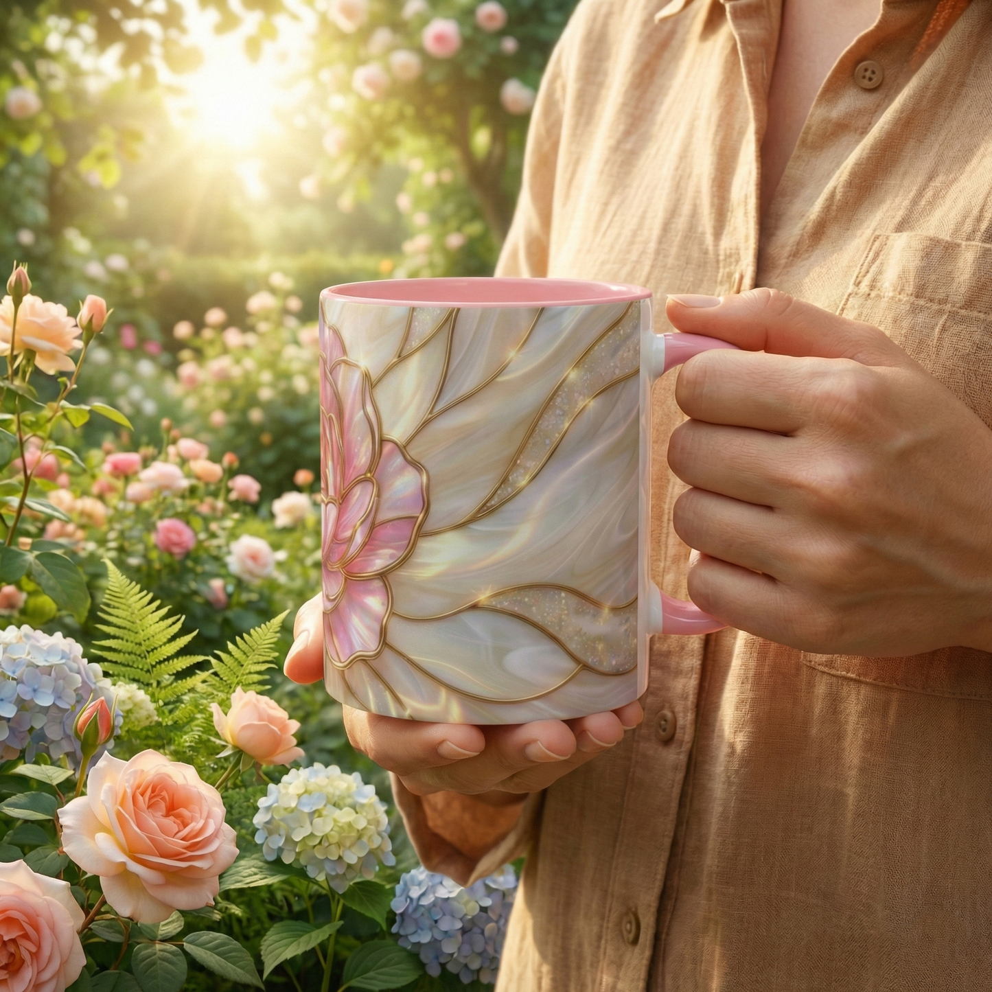 Pink Peony Stained Glass Mug, Gold Floral Coffee Cup, Elegant Flower Gift For Her, Fairycore Tea Cup, Mothers Day Present, Pearl Art Decor