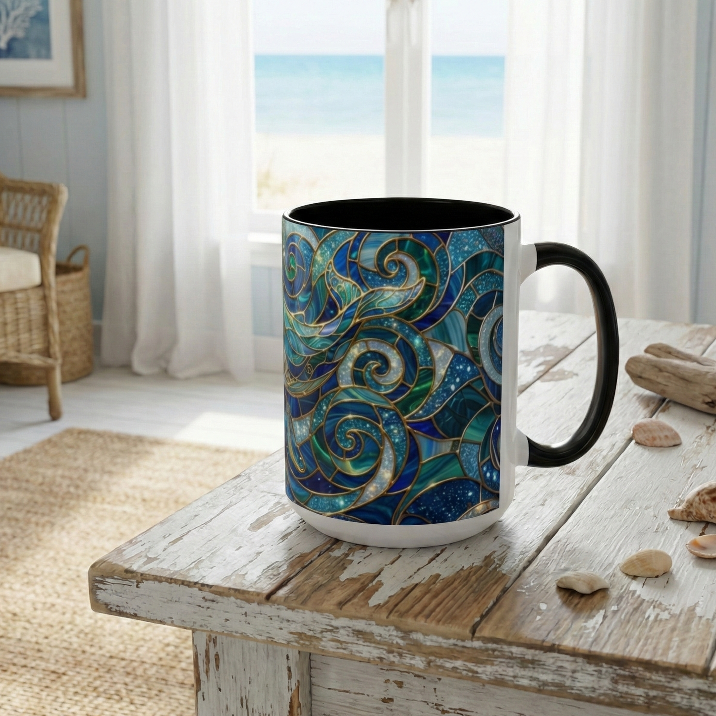 Stained Glass Whale Mug, Ocean Art Coffee Cup, Blue Sea Life Design, Nautical Gift For Ocean Lovers, Colorful Stained Glass Whale Cup