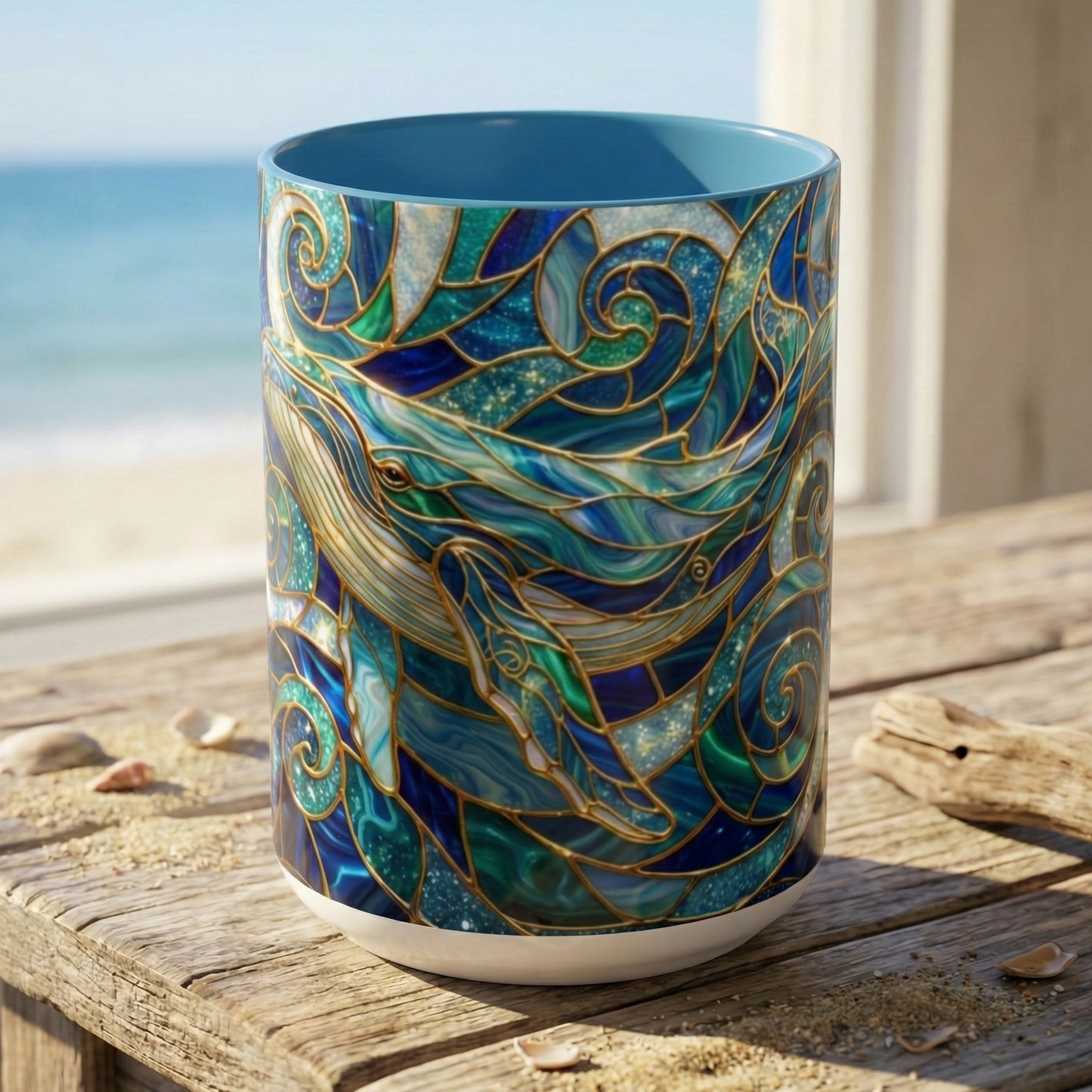 Stained Glass Whale Mug, Ocean Art Coffee Cup, Blue Sea Life Design, Nautical Gift For Ocean Lovers, Colorful Stained Glass Whale Cup