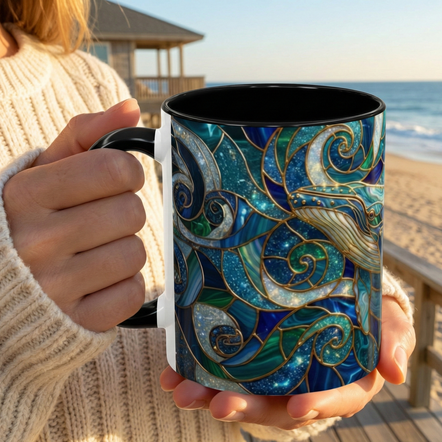 Stained Glass Whale Mug, Ocean Art Coffee Cup, Blue Sea Life Design, Nautical Gift For Ocean Lovers, Colorful Stained Glass Whale Cup
