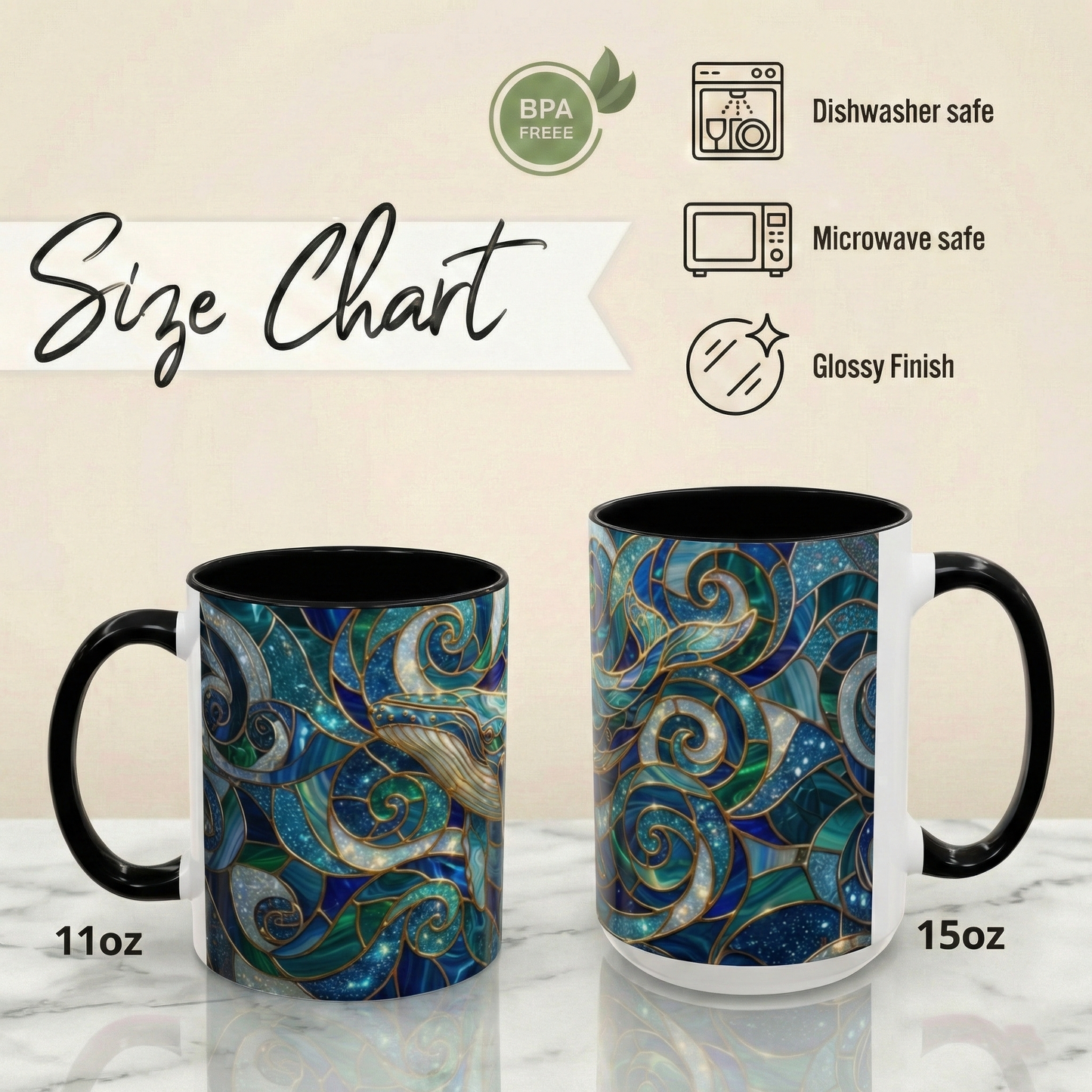 Stained Glass Whale Mug, Ocean Art Coffee Cup, Blue Sea Life Design, Nautical Gift For Ocean Lovers, Colorful Stained Glass Whale Cup
