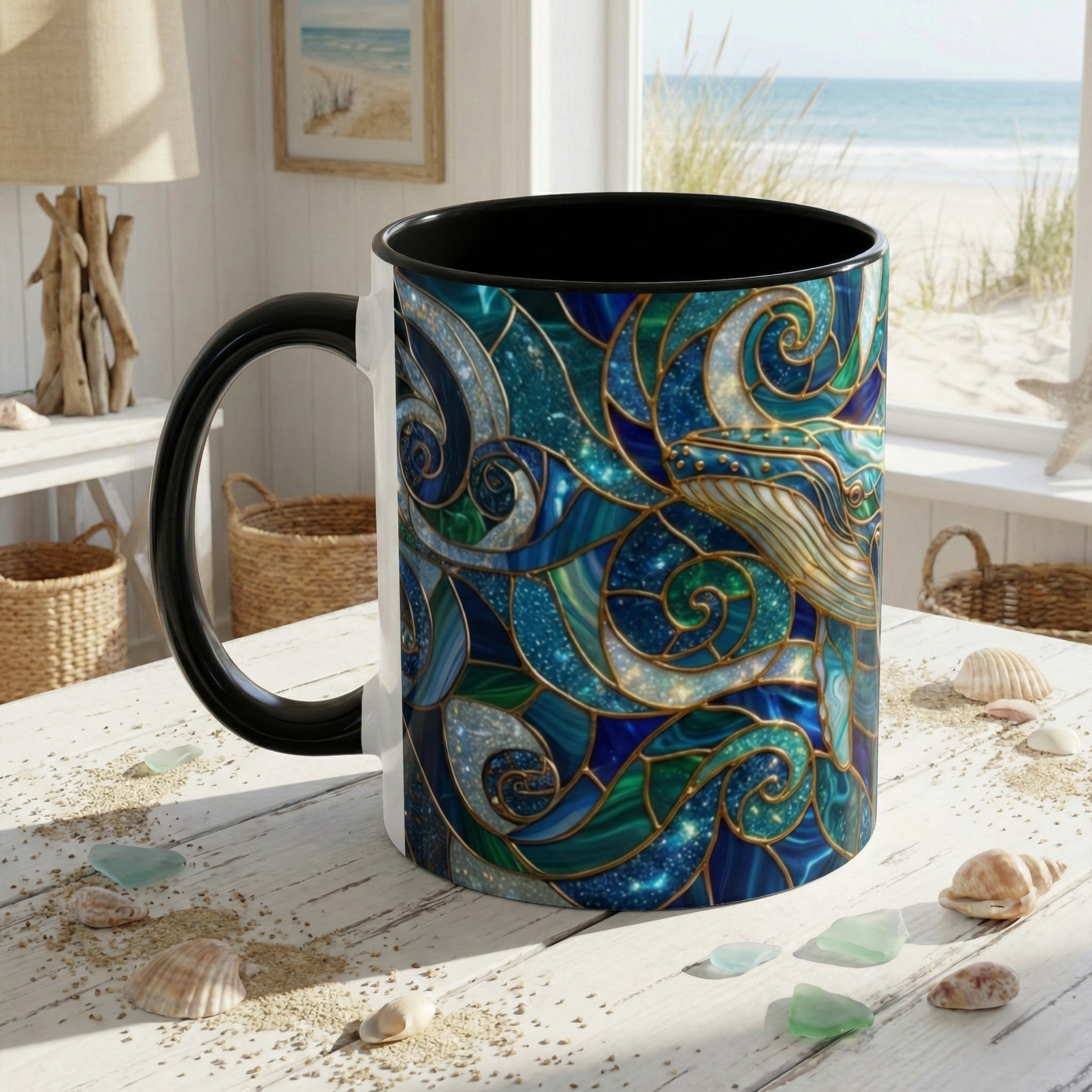 Stained Glass Whale Mug, Ocean Art Coffee Cup, Blue Sea Life Design, Nautical Gift For Ocean Lovers, Colorful Stained Glass Whale Cup