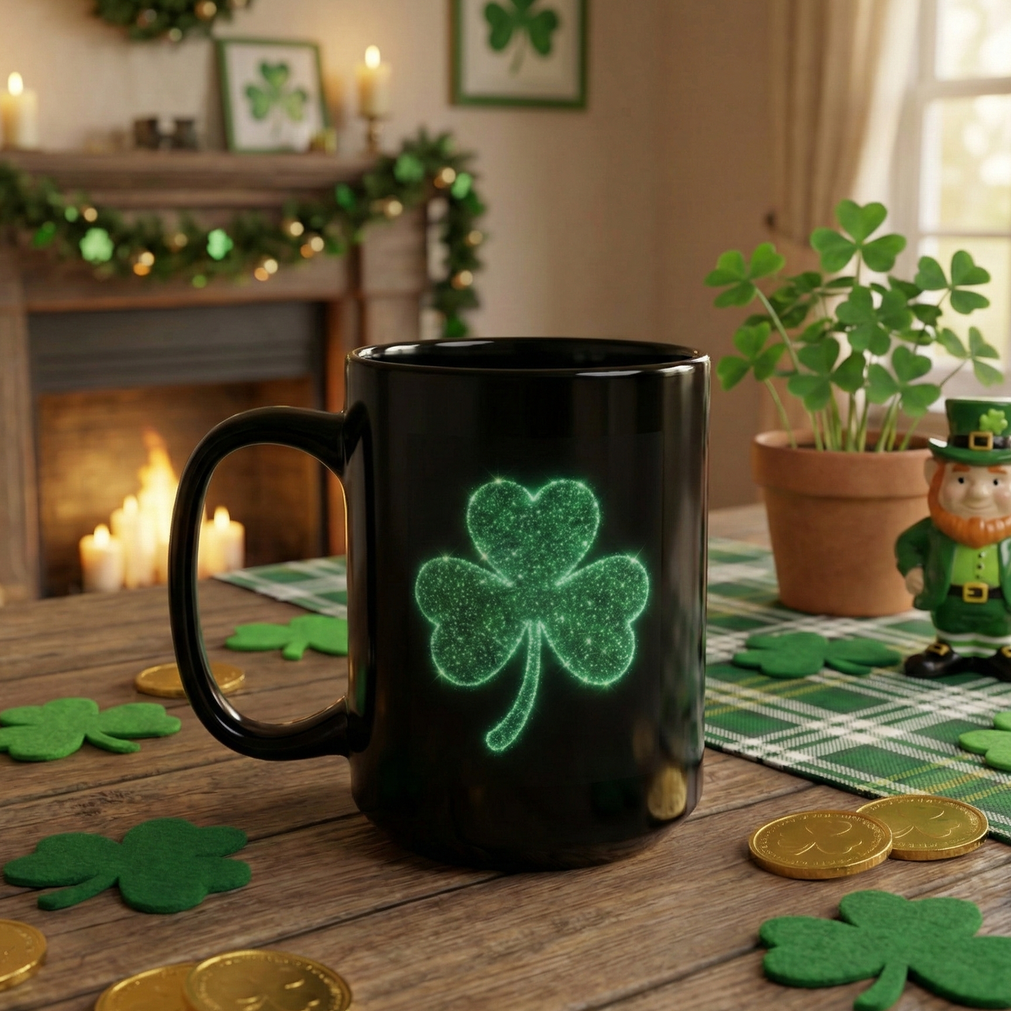 Glowing Shamrock Mug, St Patricks Day Gift, Lucky Green Clover Coffee Cup, Emerald Glitter Aesthetic, Irish Pride Mug, Magic Luck Tea Cup