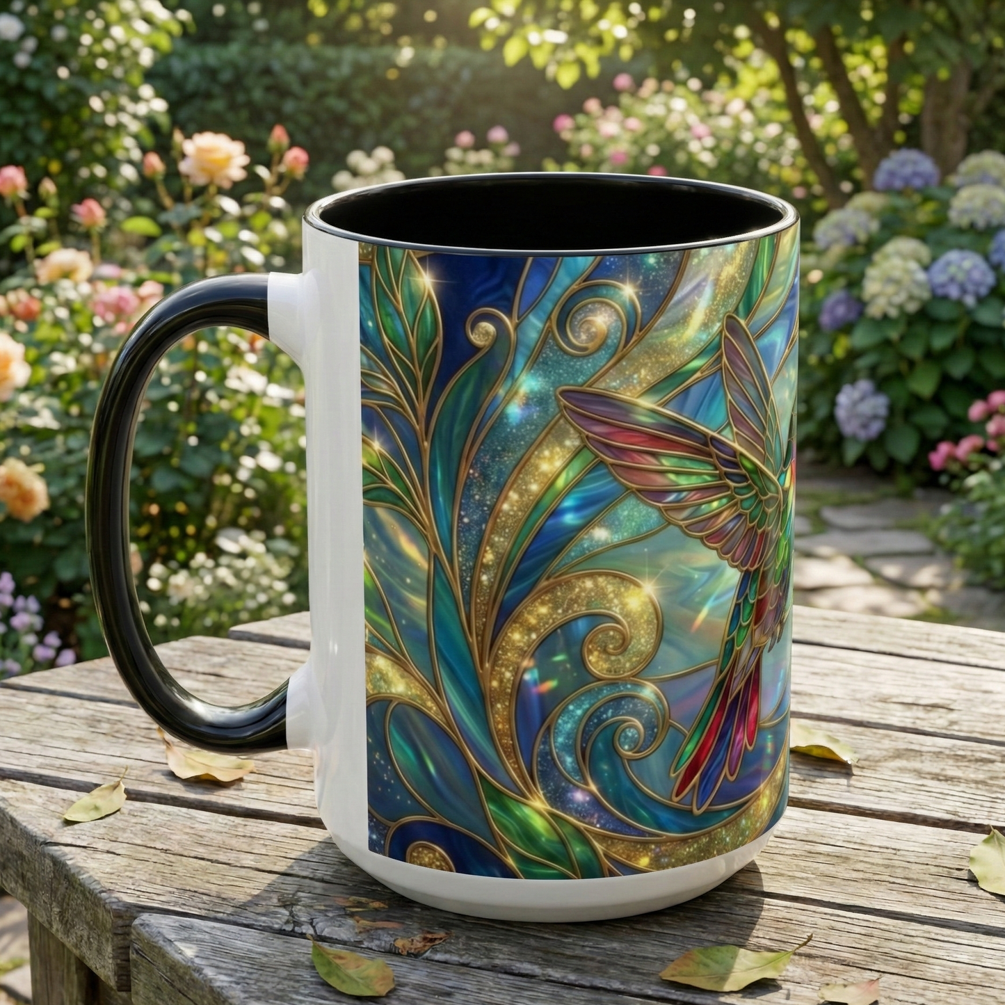 Stained Glass Hummingbird Mug, Colorful Floral Coffee Cup, Bird And Flower Art Mug, Nature Lover Gift, Artistic Garden Mug, Unique Gift