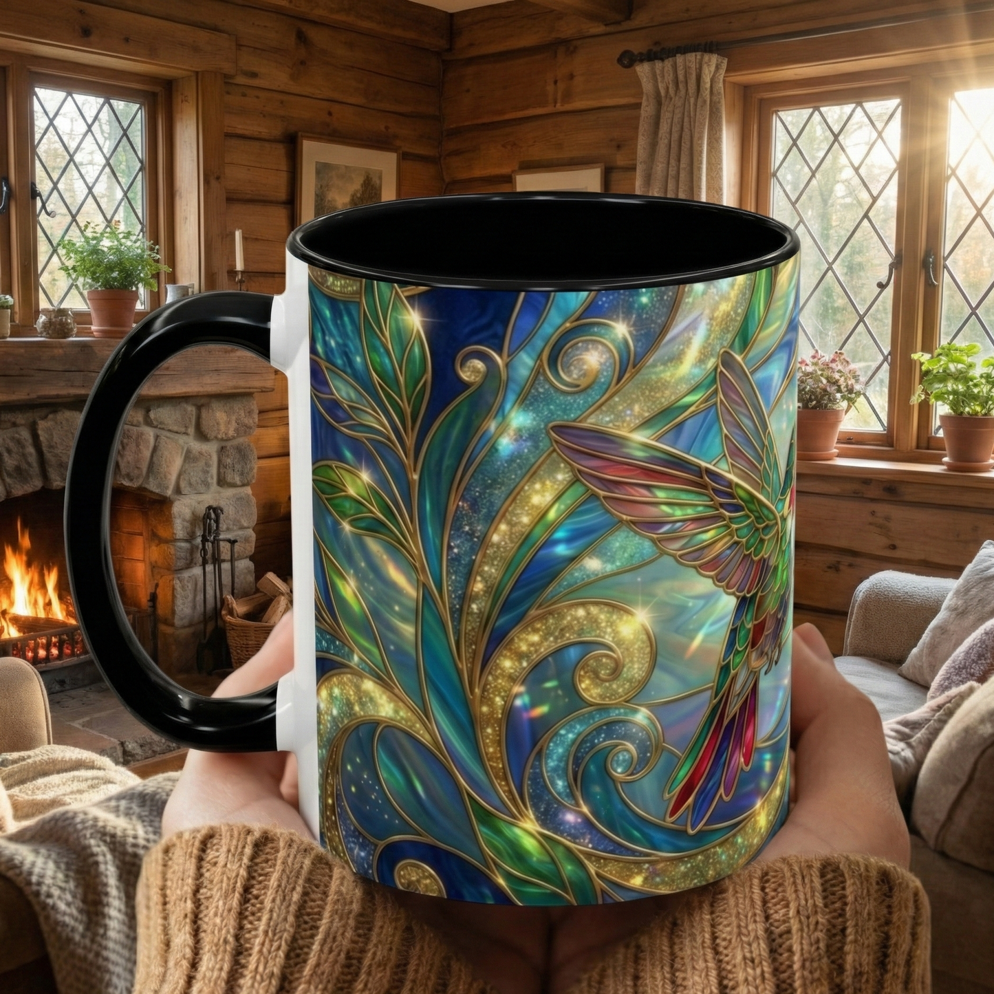 Stained Glass Hummingbird Mug, Colorful Floral Coffee Cup, Bird And Flower Art Mug, Nature Lover Gift, Artistic Garden Mug, Unique Gift