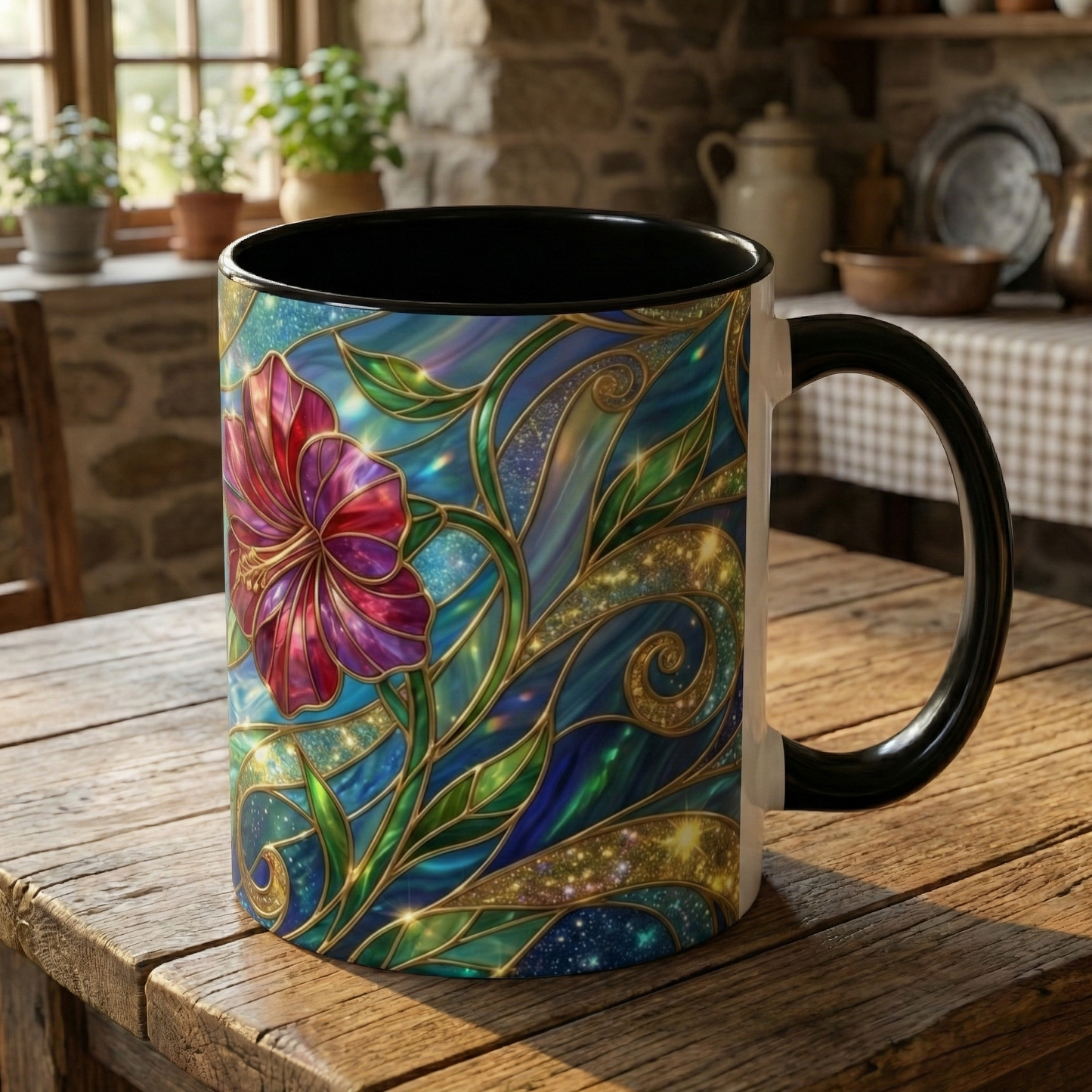 Stained Glass Hummingbird Mug, Colorful Floral Coffee Cup, Bird And Flower Art Mug, Nature Lover Gift, Artistic Garden Mug, Unique Gift