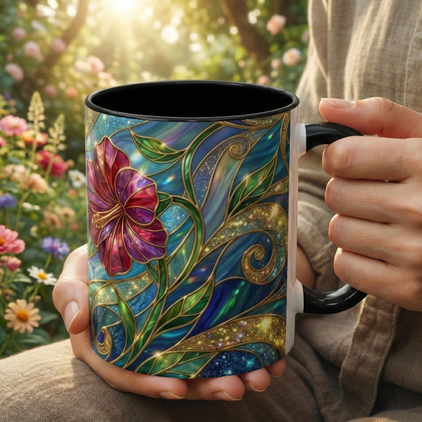 Stained Glass Hummingbird Mug, Colorful Floral Coffee Cup, Bird And Flower Art Mug, Nature Lover Gift, Artistic Garden Mug, Unique Gift
