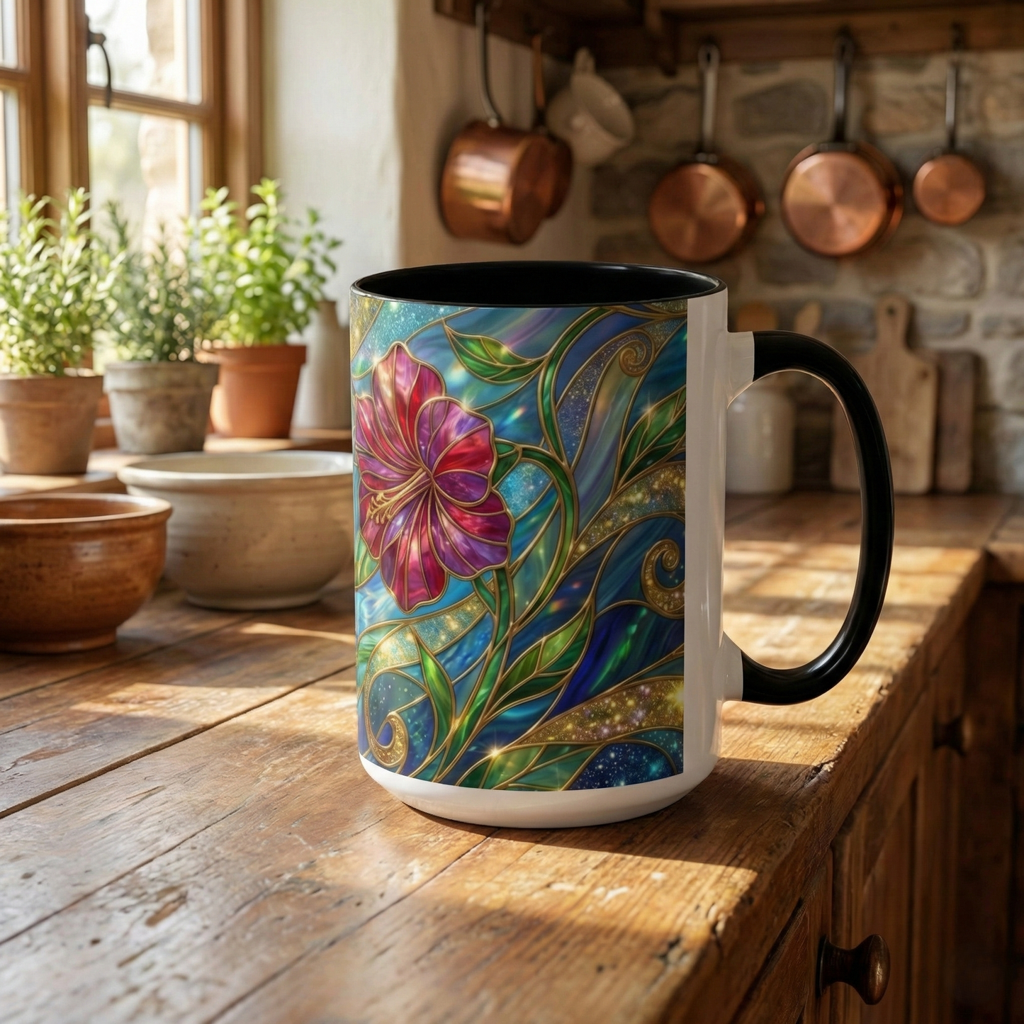Stained Glass Hummingbird Mug, Colorful Floral Coffee Cup, Bird And Flower Art Mug, Nature Lover Gift, Artistic Garden Mug, Unique Gift