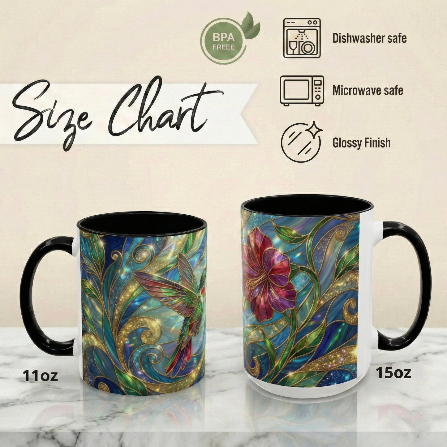 Stained Glass Hummingbird Mug, Colorful Floral Coffee Cup, Bird And Flower Art Mug, Nature Lover Gift, Artistic Garden Mug, Unique Gift