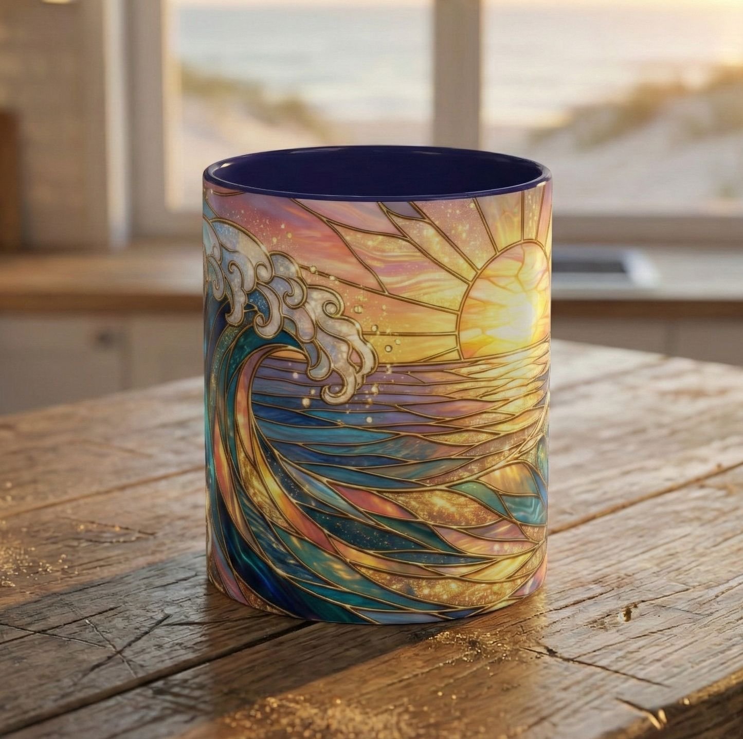 Stained Glass Ocean Wave Mug, Sunrise Beach Coffee Cup, Japanese Art Gift, Coastal Decor Kitchen, Mosaic Sea Tea Cup, Blue Gold Nature Lover