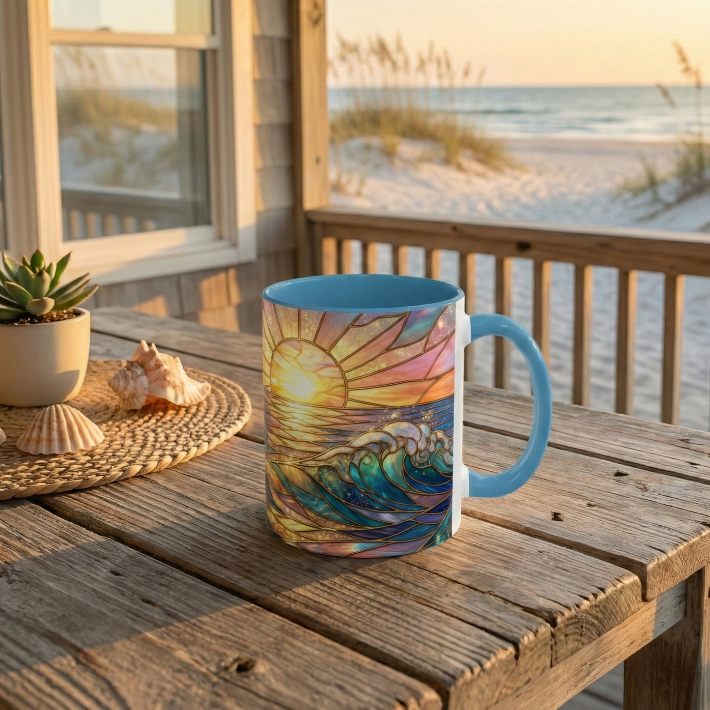 Stained Glass Ocean Wave Mug, Sunrise Beach Coffee Cup, Japanese Art Gift, Coastal Decor Kitchen, Mosaic Sea Tea Cup, Blue Gold Nature Lover