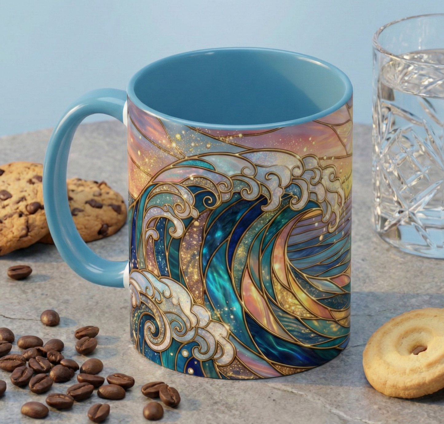 Stained Glass Ocean Wave Mug, Sunrise Beach Coffee Cup, Japanese Art Gift, Coastal Decor Kitchen, Mosaic Sea Tea Cup, Blue Gold Nature Lover