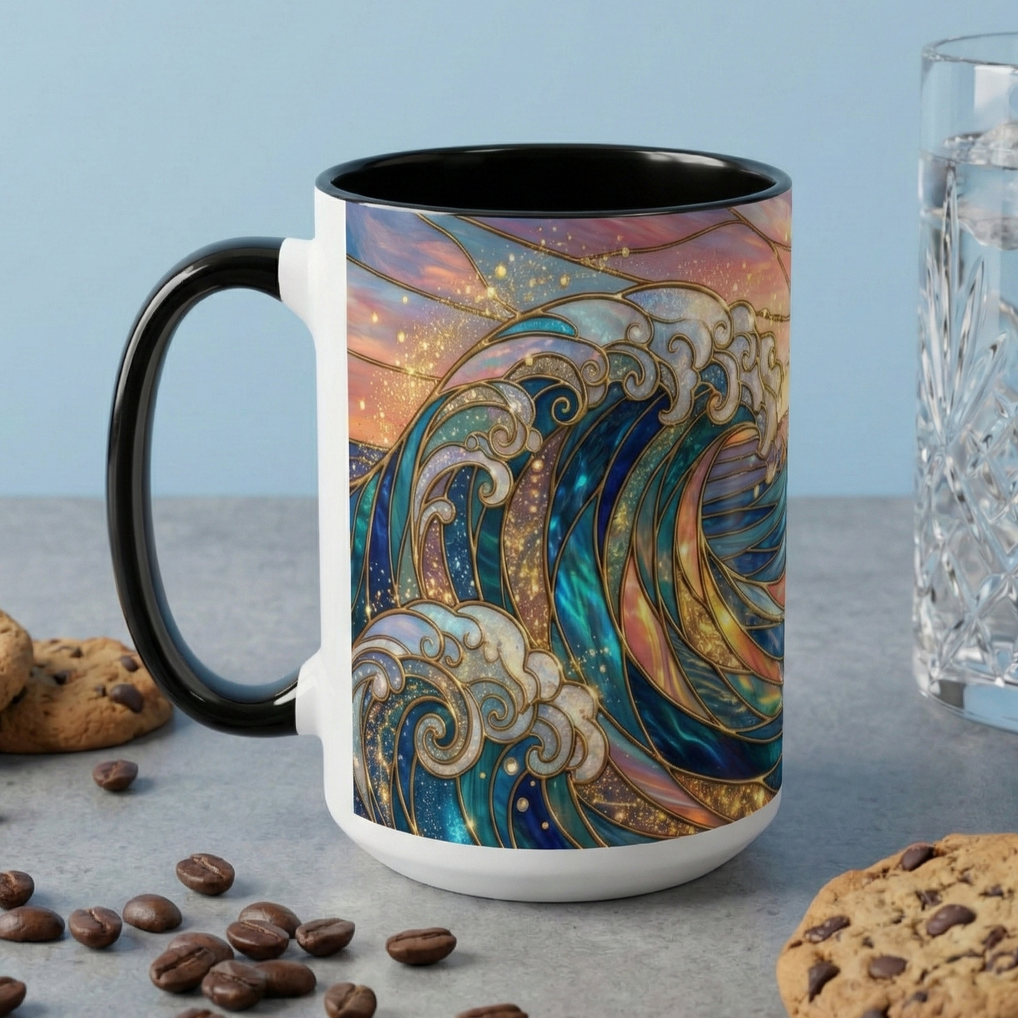 Stained Glass Ocean Wave Mug, Sunrise Beach Coffee Cup, Japanese Art Gift, Coastal Decor Kitchen, Mosaic Sea Tea Cup, Blue Gold Nature Lover