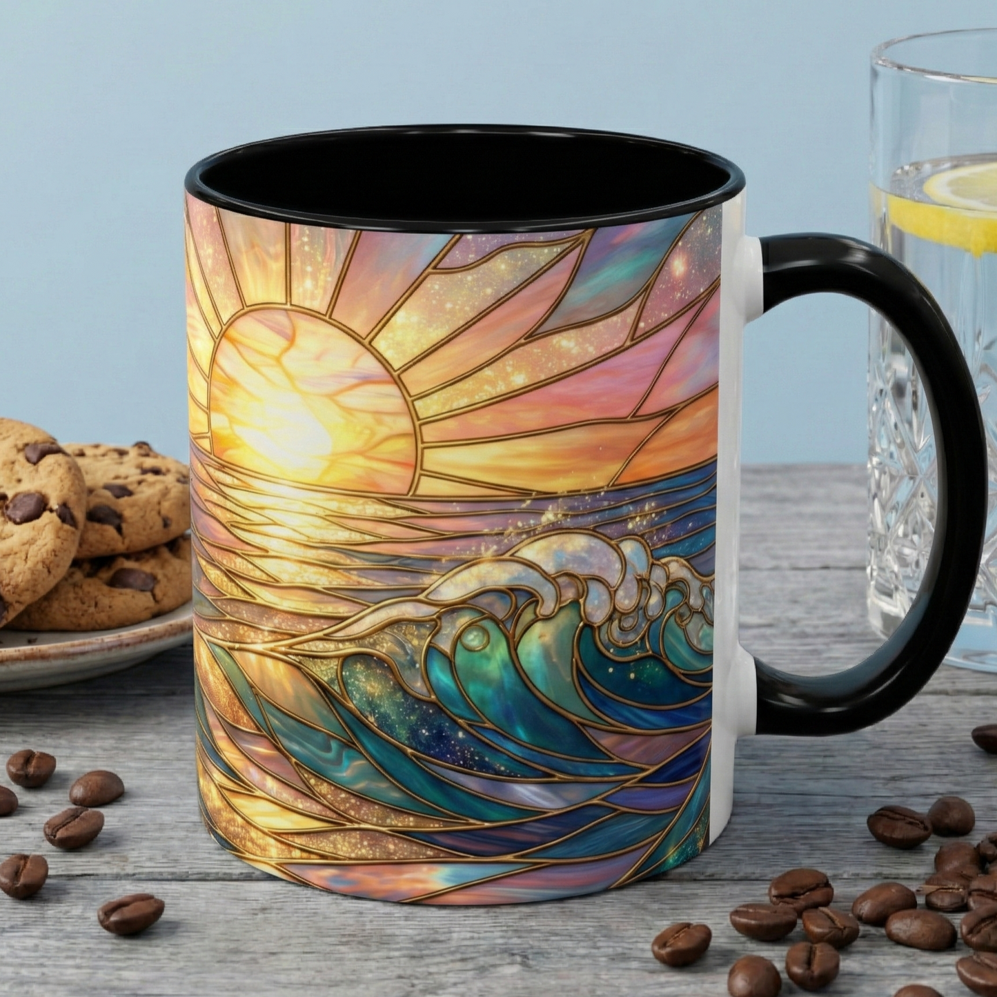 Stained Glass Ocean Wave Mug, Sunrise Beach Coffee Cup, Japanese Art Gift, Coastal Decor Kitchen, Mosaic Sea Tea Cup, Blue Gold Nature Lover