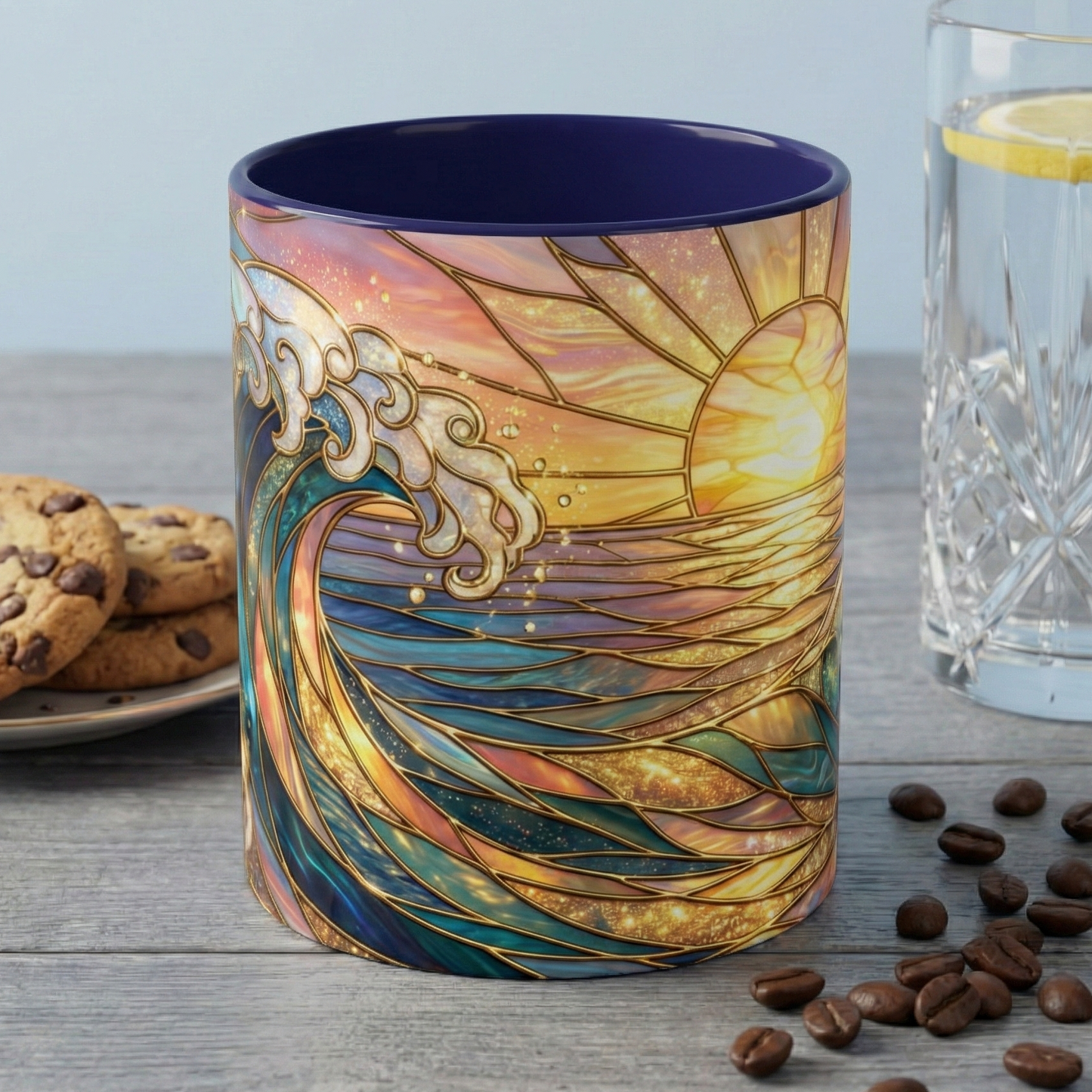 Stained Glass Ocean Wave Mug, Sunrise Beach Coffee Cup, Japanese Art Gift, Coastal Decor Kitchen, Mosaic Sea Tea Cup, Blue Gold Nature Lover