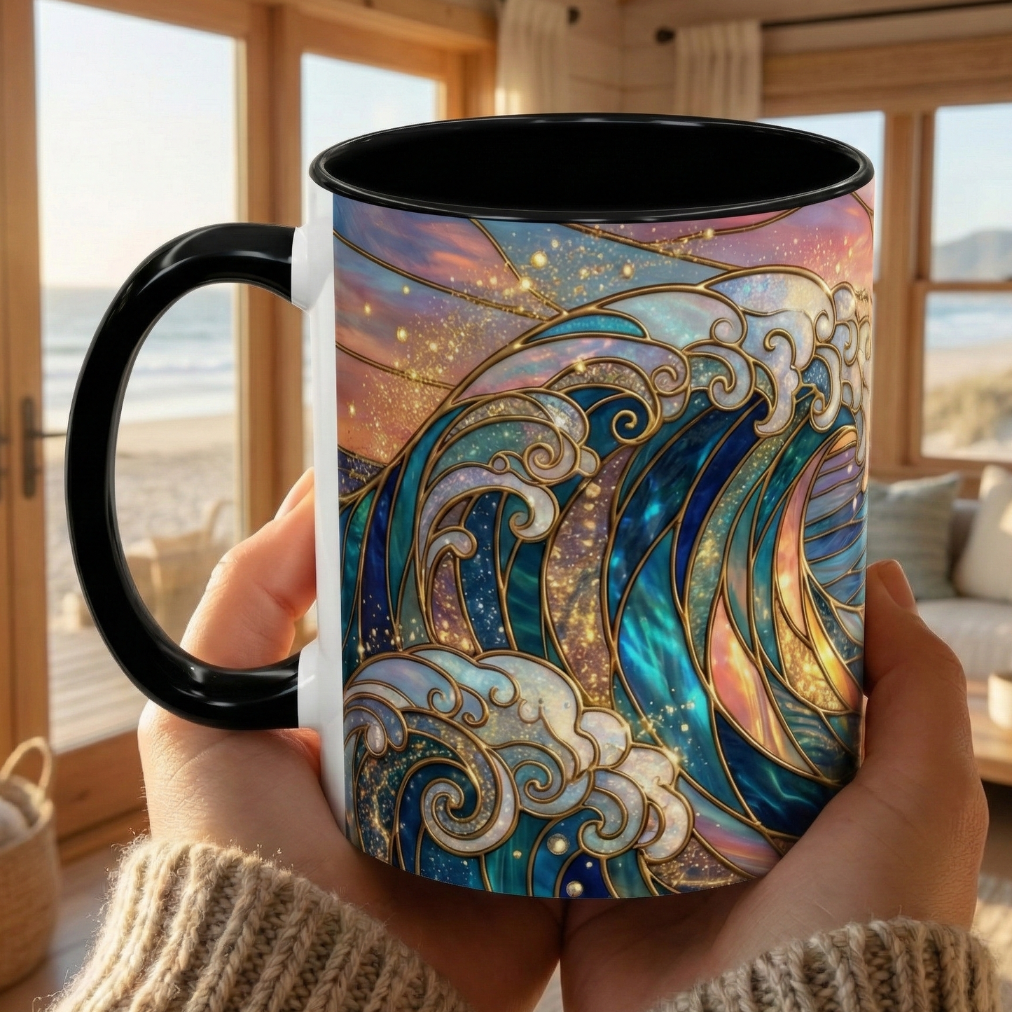 Stained Glass Ocean Wave Mug, Sunrise Beach Coffee Cup, Japanese Art Gift, Coastal Decor Kitchen, Mosaic Sea Tea Cup, Blue Gold Nature Lover