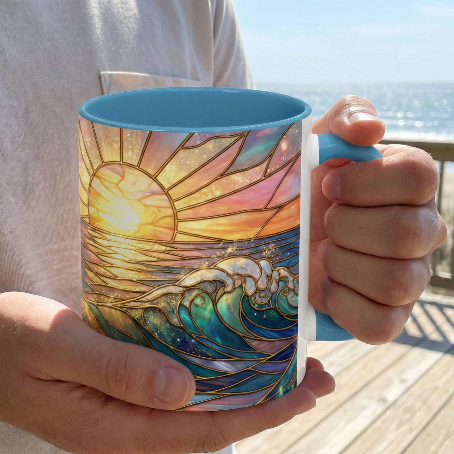 Stained Glass Ocean Wave Mug, Sunrise Beach Coffee Cup, Japanese Art Gift, Coastal Decor Kitchen, Mosaic Sea Tea Cup, Blue Gold Nature Lover