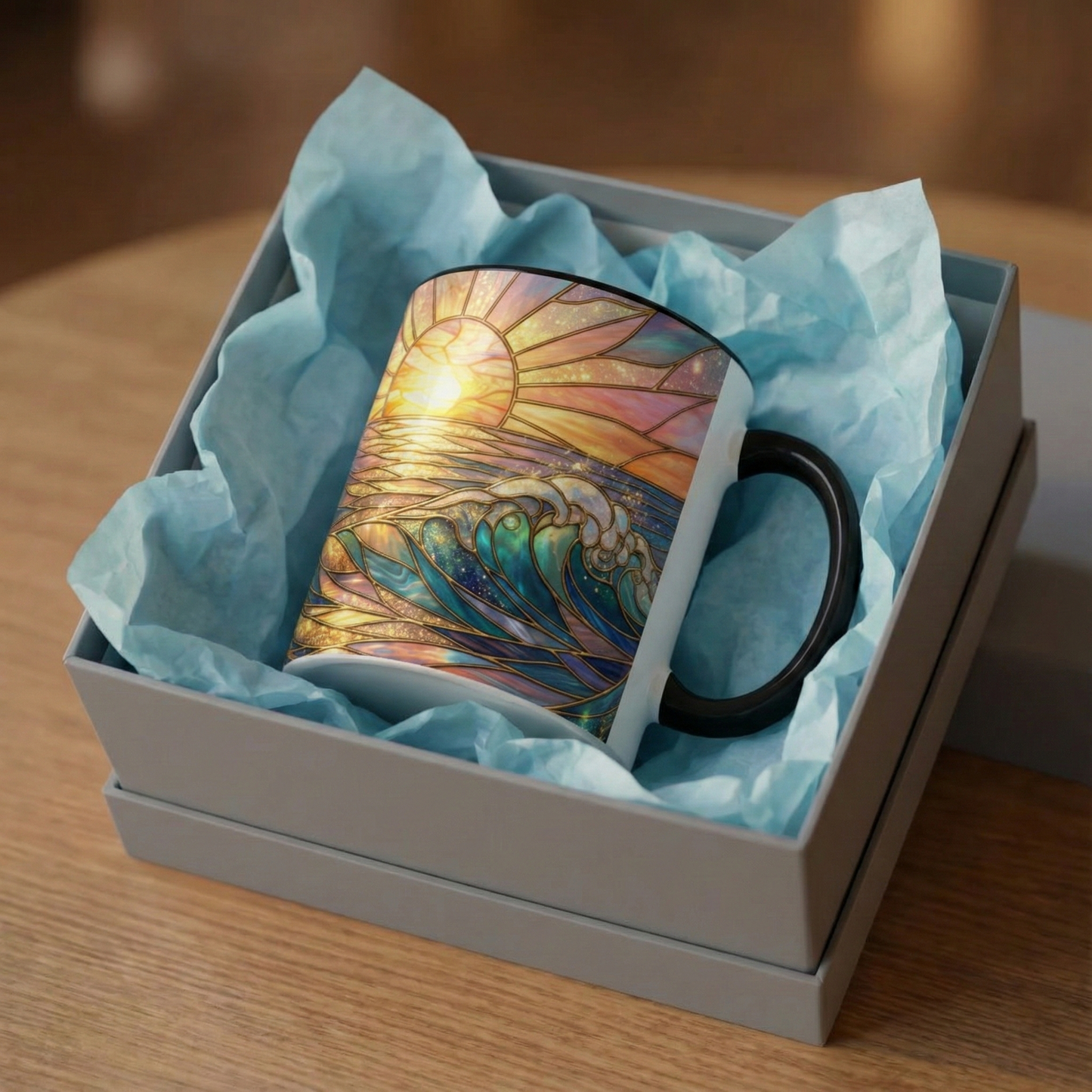 Stained Glass Ocean Wave Mug, Sunrise Beach Coffee Cup, Japanese Art Gift, Coastal Decor Kitchen, Mosaic Sea Tea Cup, Blue Gold Nature Lover