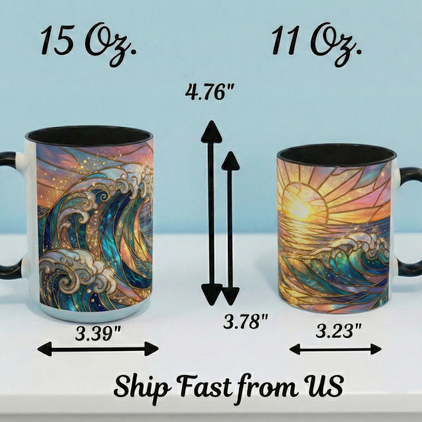 Stained Glass Ocean Wave Mug, Sunrise Beach Coffee Cup, Japanese Art Gift, Coastal Decor Kitchen, Mosaic Sea Tea Cup, Blue Gold Nature Lover