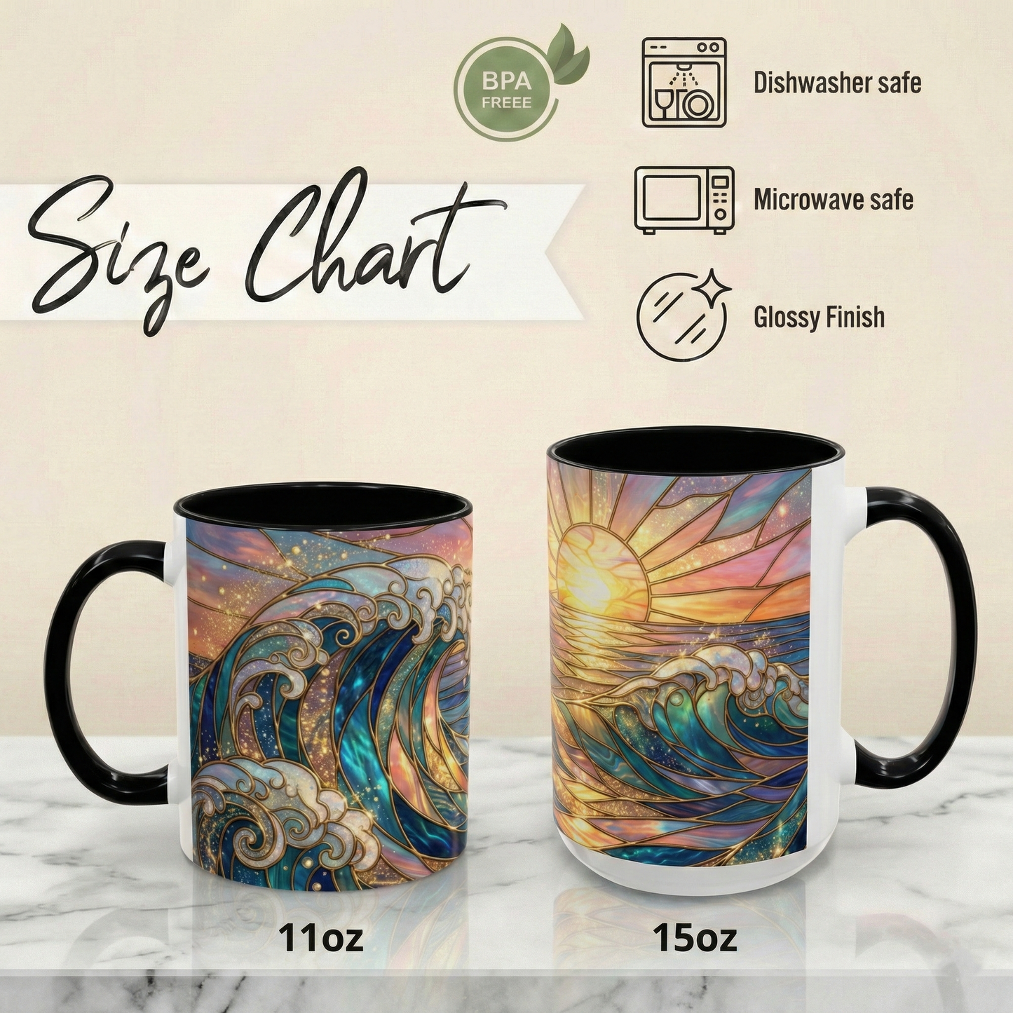 Stained Glass Ocean Wave Mug, Sunrise Beach Coffee Cup, Japanese Art Gift, Coastal Decor Kitchen, Mosaic Sea Tea Cup, Blue Gold Nature Lover