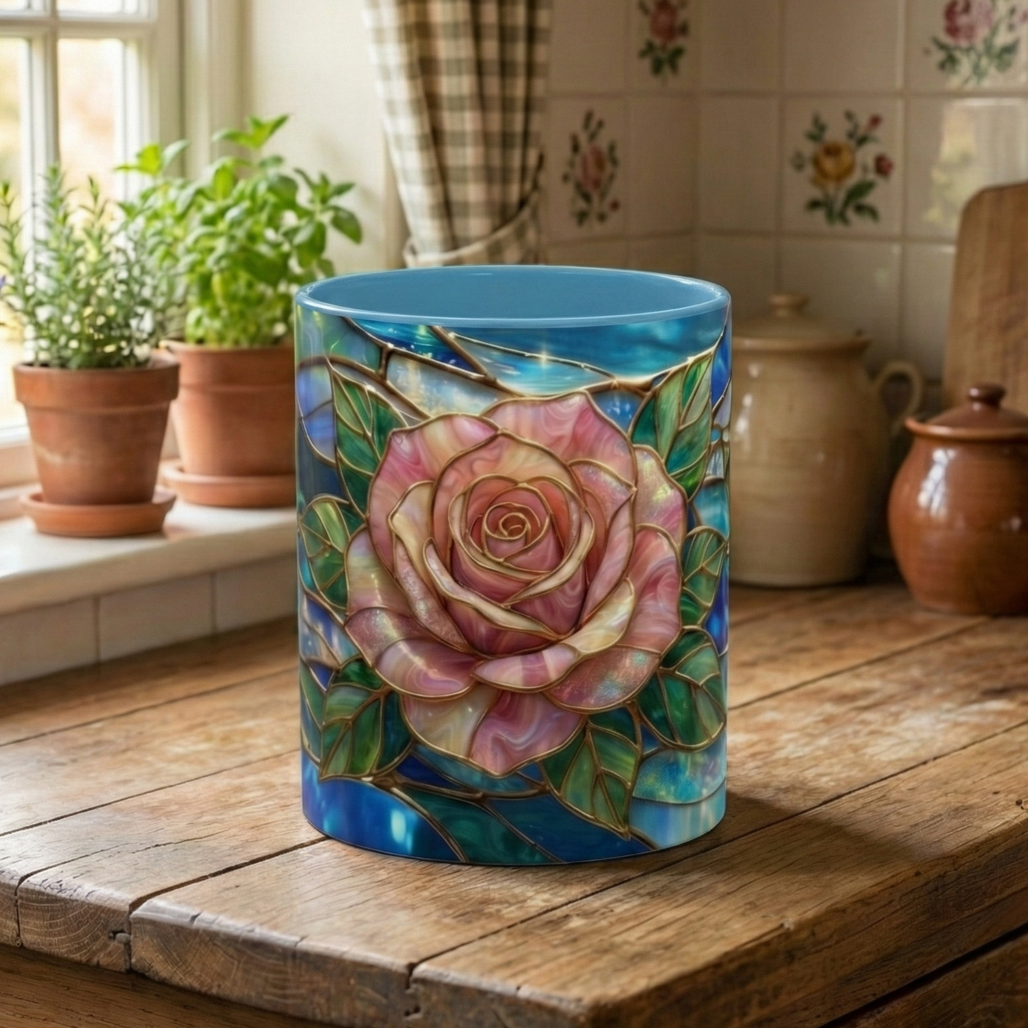 Stained Glass Rose Mug, Pink Flower Coffee Cup, Fantasy Floral Tea Cup, Magical Garden Gift, Galaxy Rose Art, Botanical Lover Present