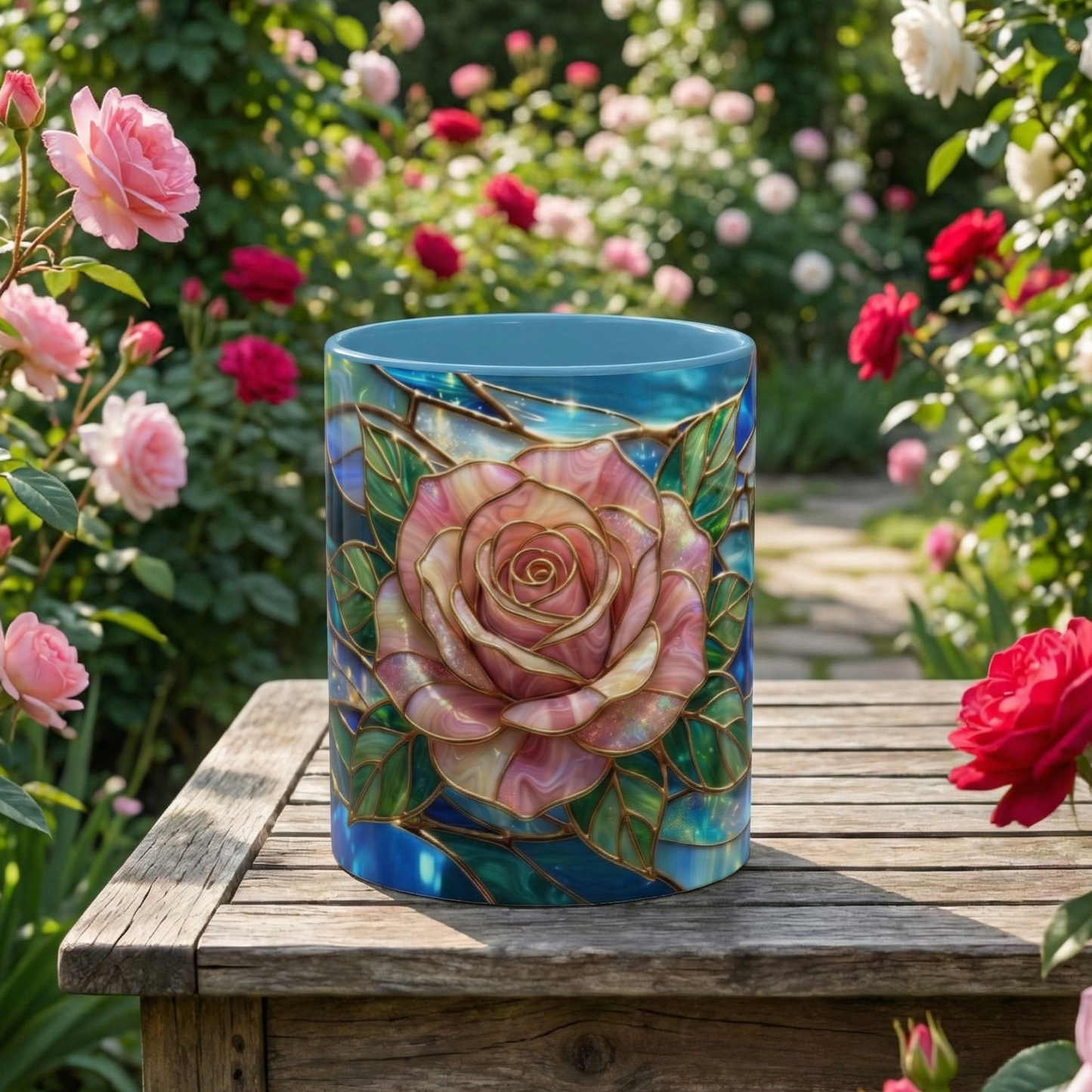 Stained Glass Rose Mug, Pink Flower Coffee Cup, Fantasy Floral Tea Cup, Magical Garden Gift, Galaxy Rose Art, Botanical Lover Present