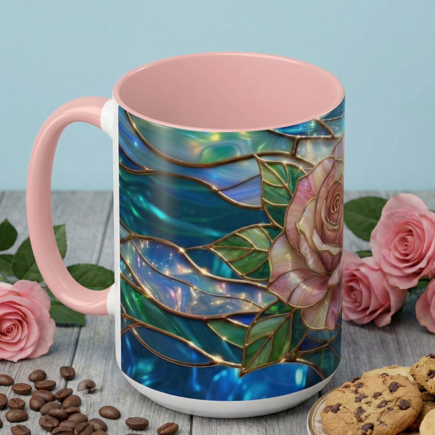 Stained Glass Rose Mug, Pink Flower Coffee Cup, Fantasy Floral Tea Cup, Magical Garden Gift, Galaxy Rose Art, Botanical Lover Present