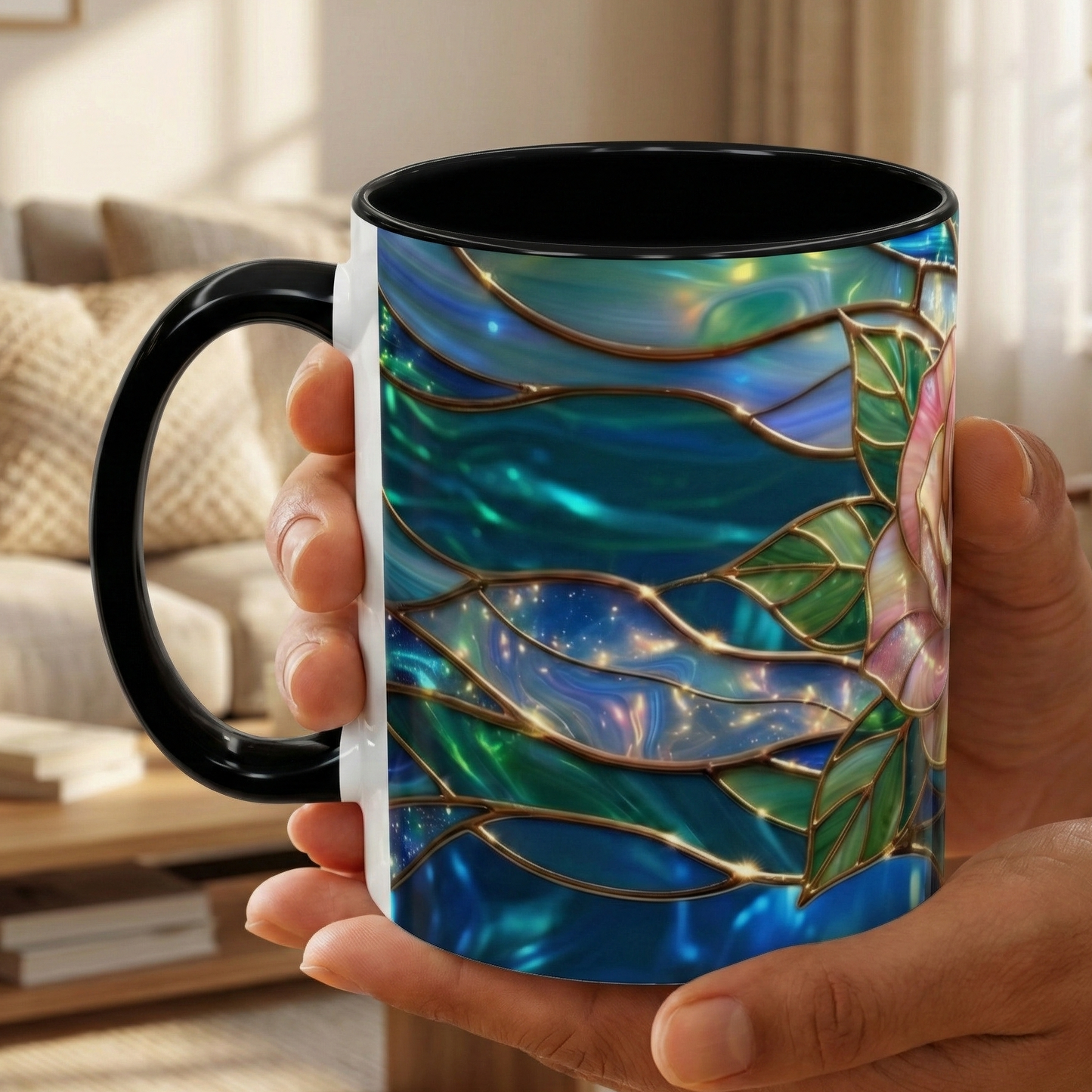 Stained Glass Rose Mug, Pink Flower Coffee Cup, Fantasy Floral Tea Cup, Magical Garden Gift, Galaxy Rose Art, Botanical Lover Present