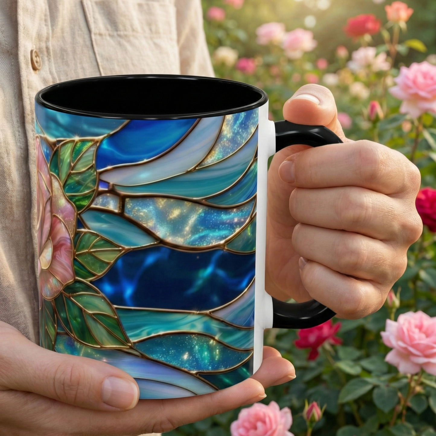 Stained Glass Rose Mug, Pink Flower Coffee Cup, Fantasy Floral Tea Cup, Magical Garden Gift, Galaxy Rose Art, Botanical Lover Present