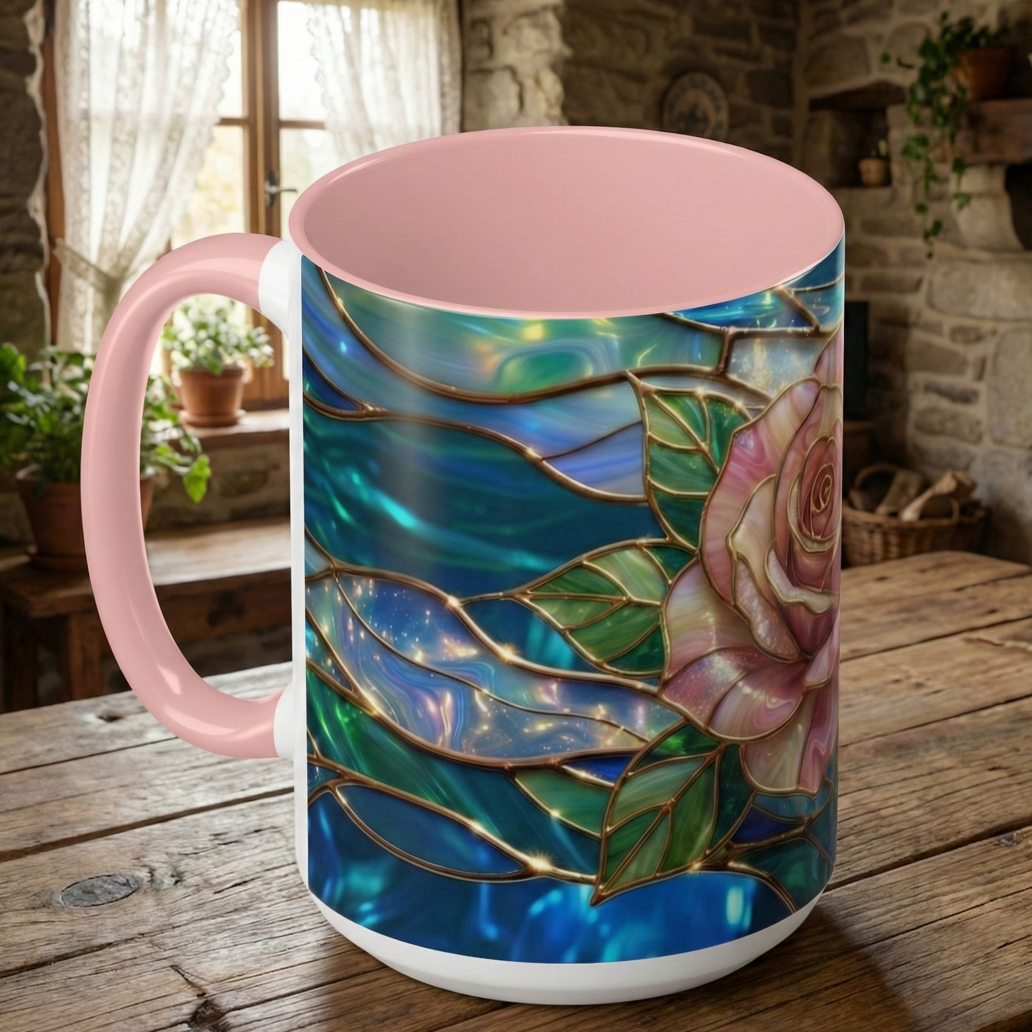 Stained Glass Rose Mug, Pink Flower Coffee Cup, Fantasy Floral Tea Cup, Magical Garden Gift, Galaxy Rose Art, Botanical Lover Present