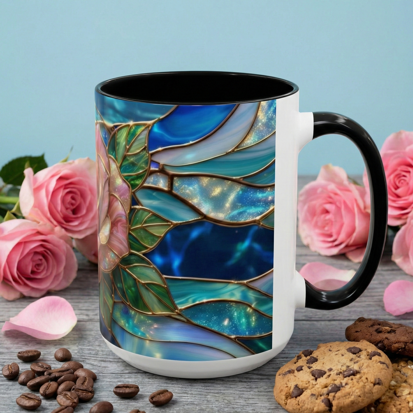 Stained Glass Rose Mug, Pink Flower Coffee Cup, Fantasy Floral Tea Cup, Magical Garden Gift, Galaxy Rose Art, Botanical Lover Present