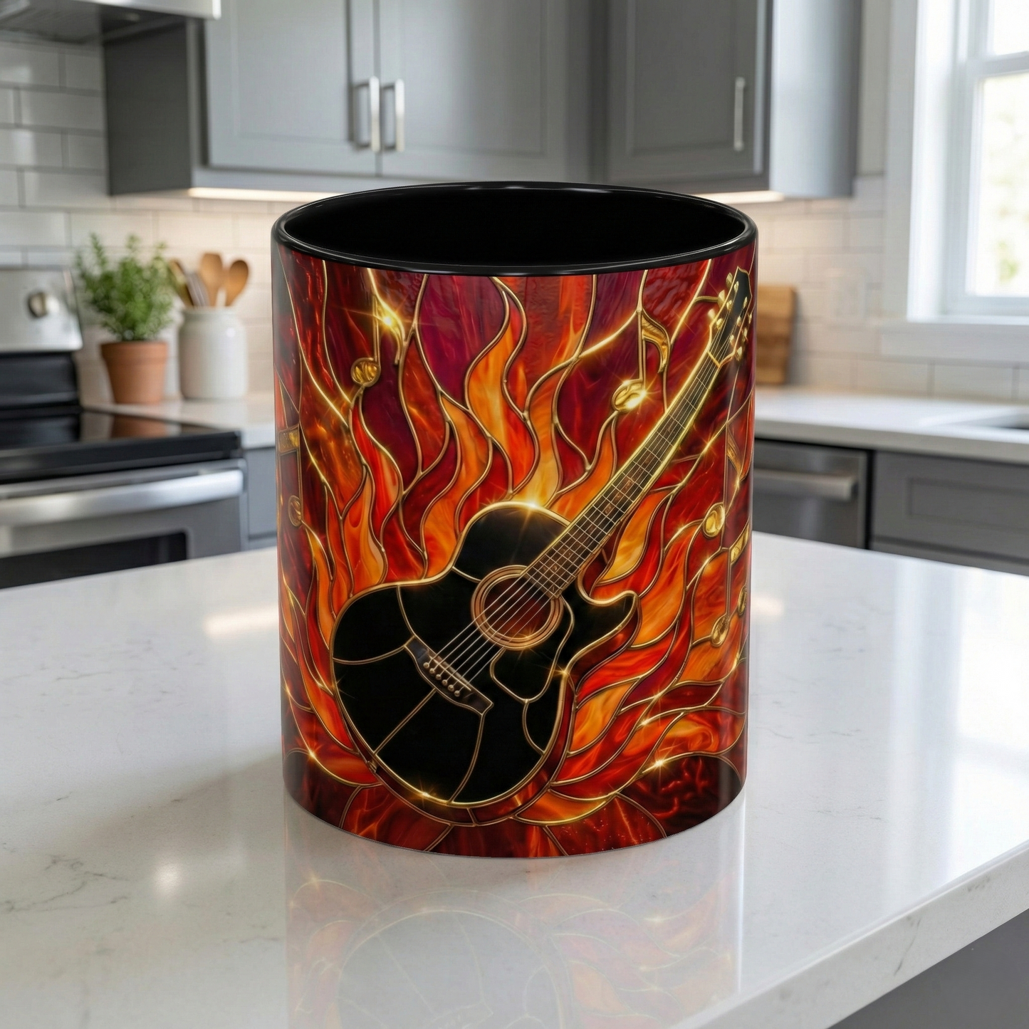 Stained Glass Guitar Mug, Fire Guitar Coffee Mug, Music Lover Gift Mug, Rock Guitar Art Cup, Musician Gift Mug, Guitar Lover Cup