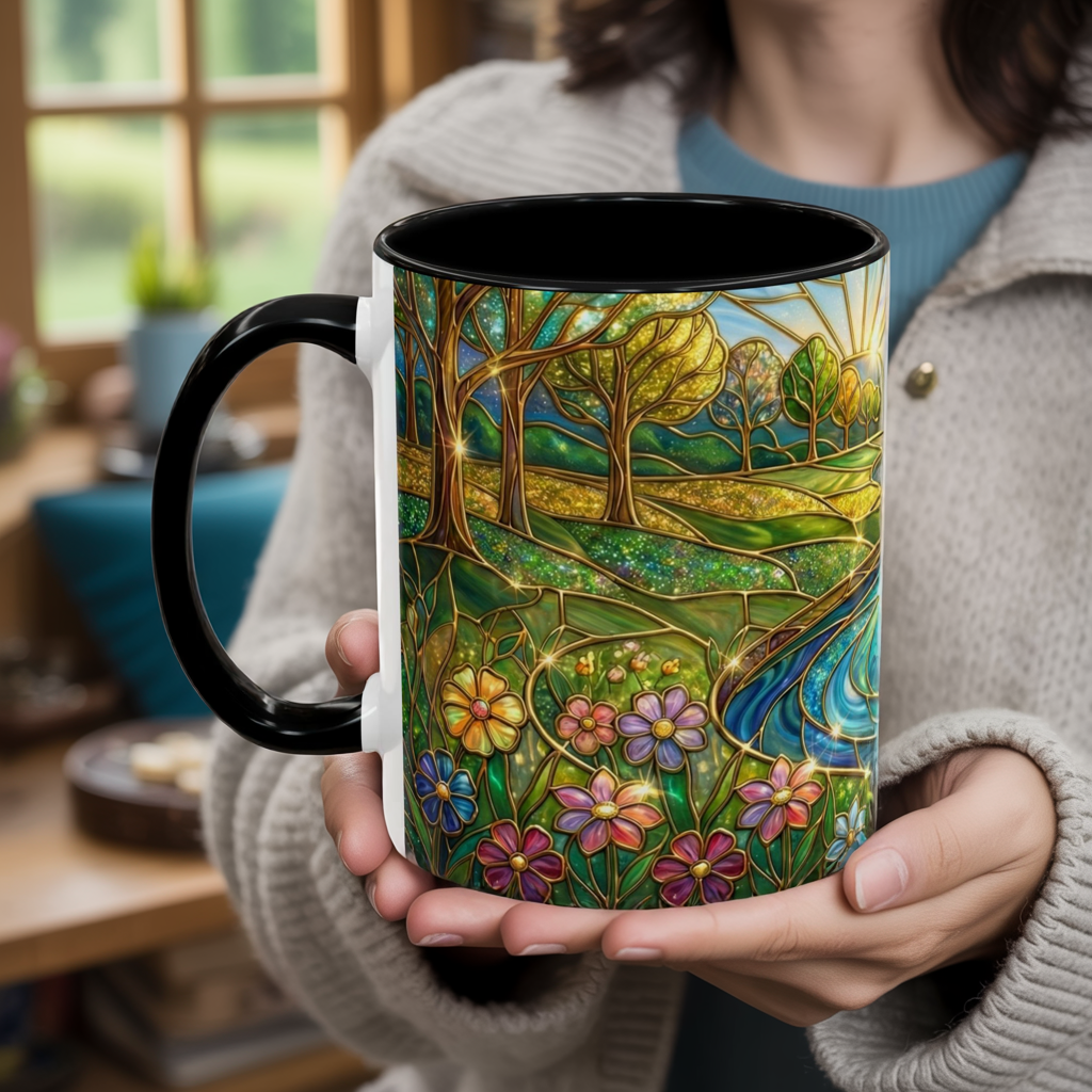 Stained Glass Mug, River Landscape Coffee Cup, Nature Lover Gift, Floral Tea Mug, Gardener Present, Art Teacher Gift, Colorful Scenery Cup