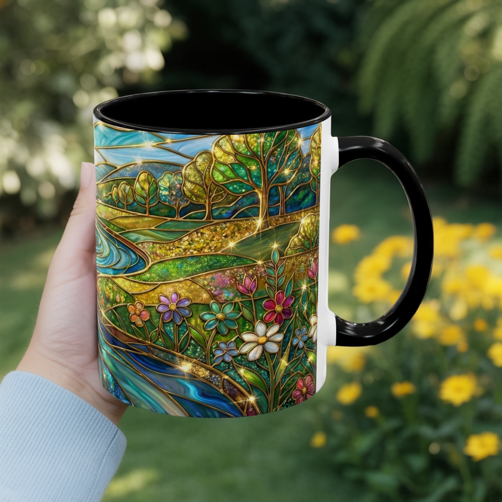 Stained Glass Mug, River Landscape Coffee Cup, Nature Lover Gift, Floral Tea Mug, Gardener Present, Art Teacher Gift, Colorful Scenery Cup