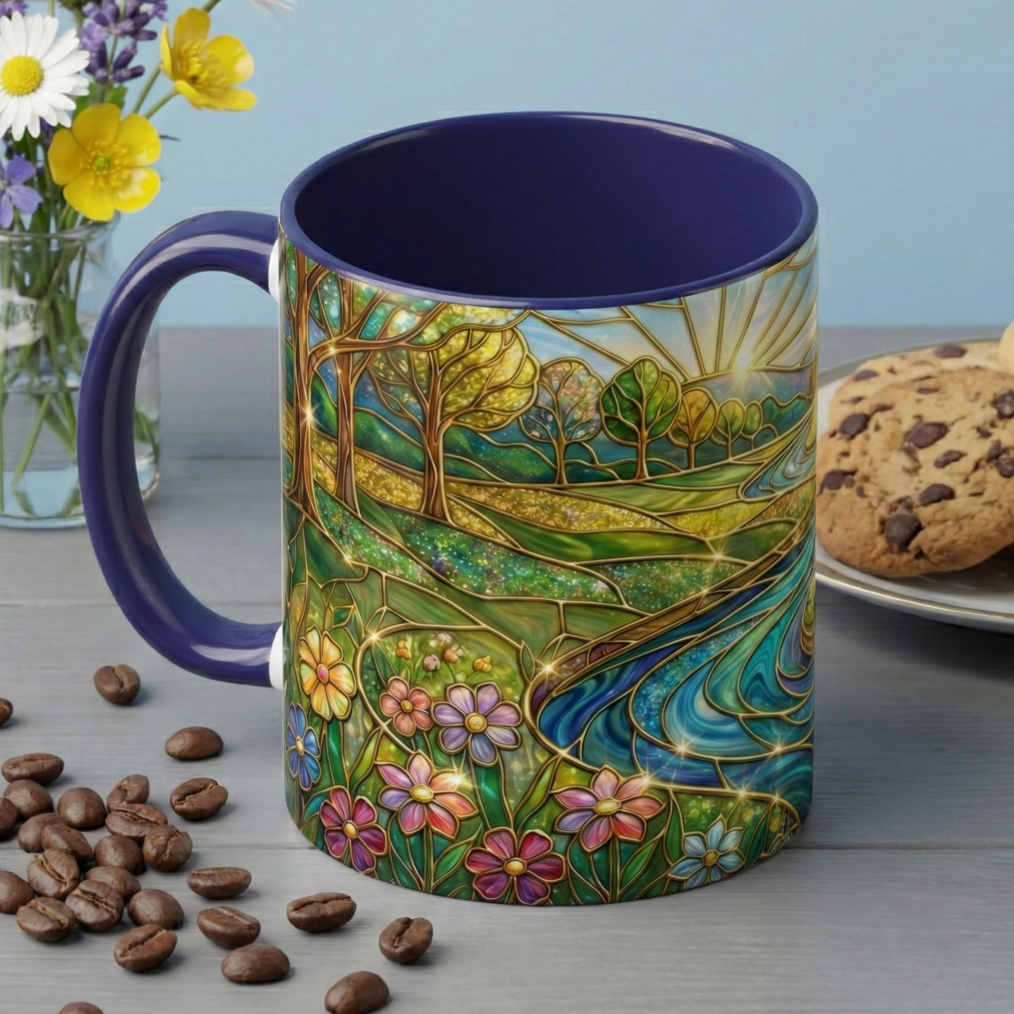 Stained Glass Mug, River Landscape Coffee Cup, Nature Lover Gift, Floral Tea Mug, Gardener Present, Art Teacher Gift, Colorful Scenery Cup