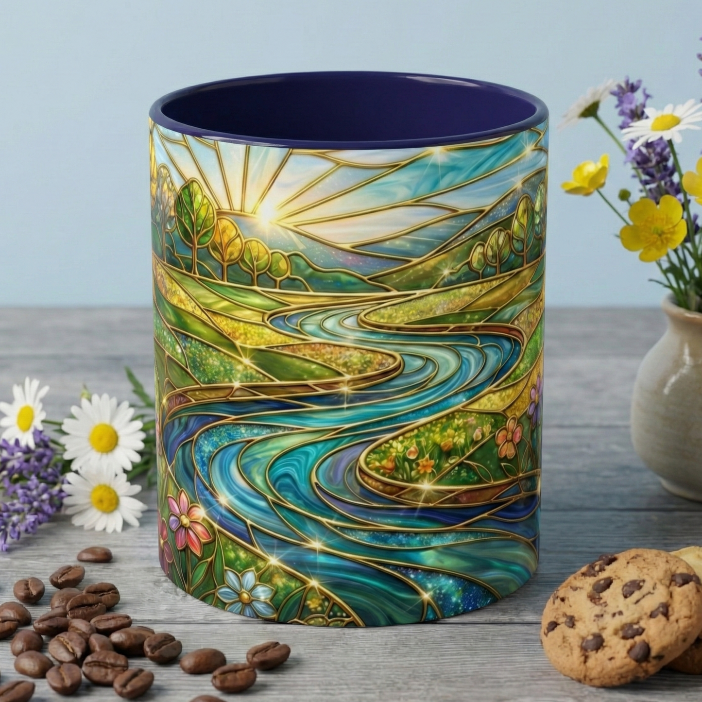 Stained Glass Mug, River Landscape Coffee Cup, Nature Lover Gift, Floral Tea Mug, Gardener Present, Art Teacher Gift, Colorful Scenery Cup