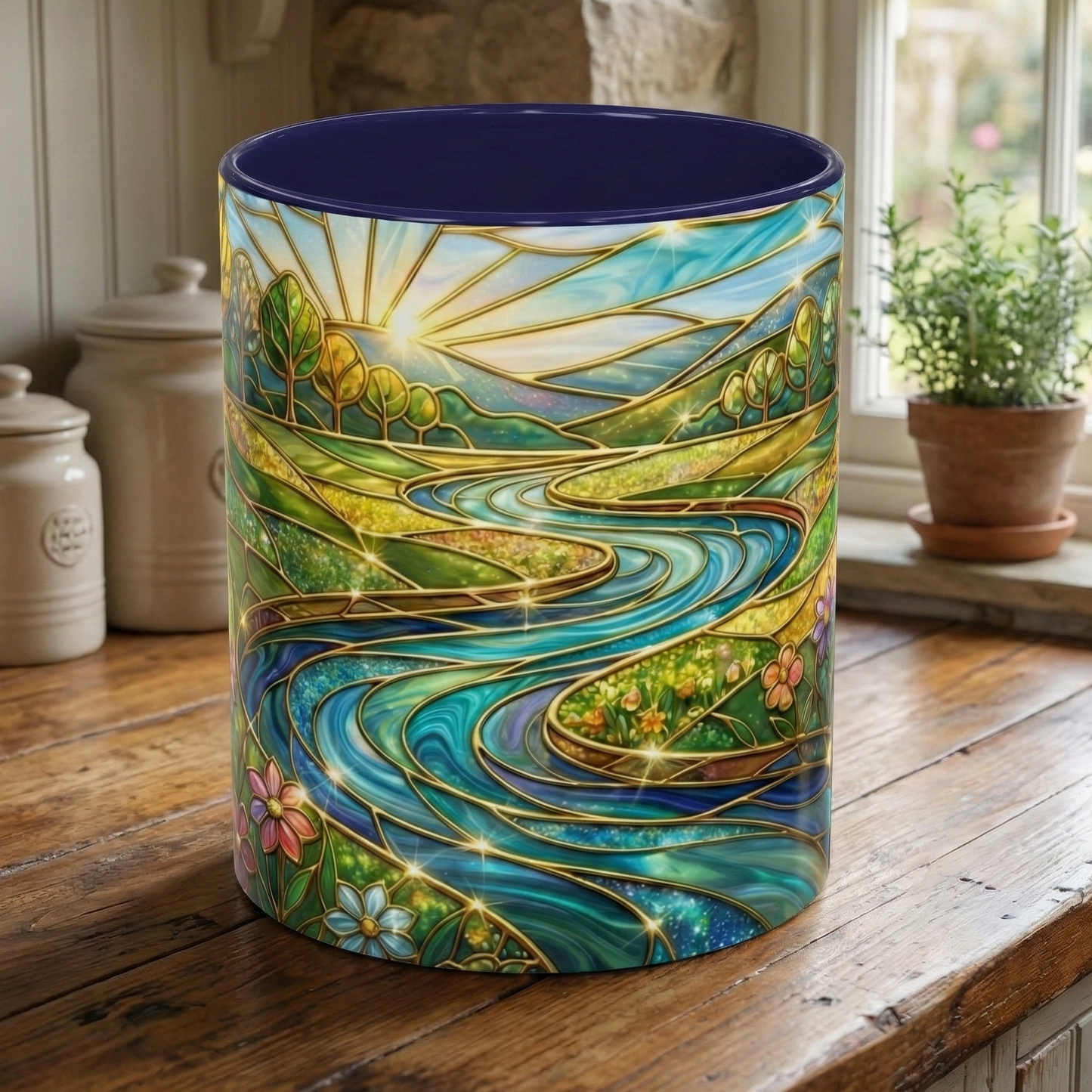 Stained Glass Mug, River Landscape Coffee Cup, Nature Lover Gift, Floral Tea Mug, Gardener Present, Art Teacher Gift, Colorful Scenery Cup