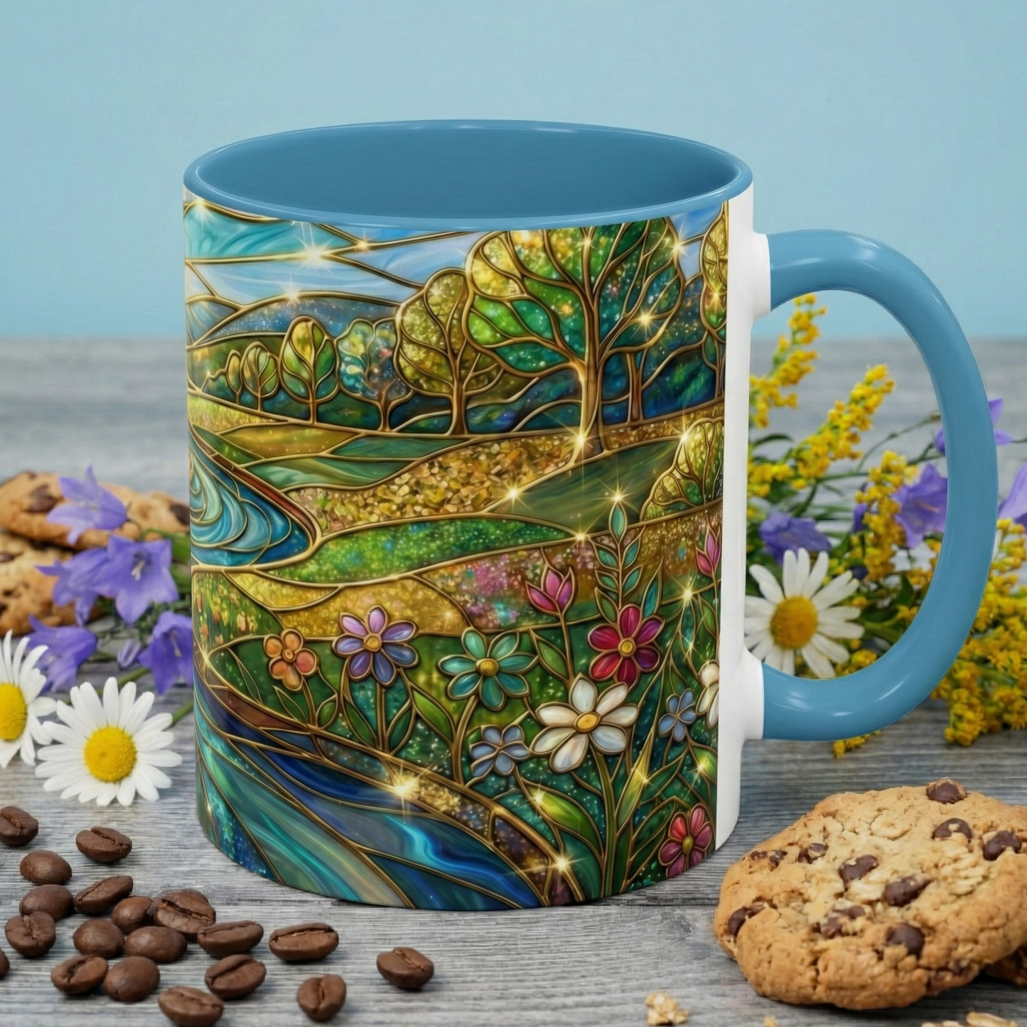 Stained Glass Mug, River Landscape Coffee Cup, Nature Lover Gift, Floral Tea Mug, Gardener Present, Art Teacher Gift, Colorful Scenery Cup