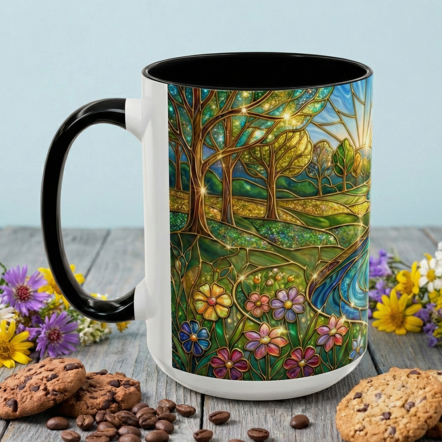 Stained Glass Mug, River Landscape Coffee Cup, Nature Lover Gift, Floral Tea Mug, Gardener Present, Art Teacher Gift, Colorful Scenery Cup
