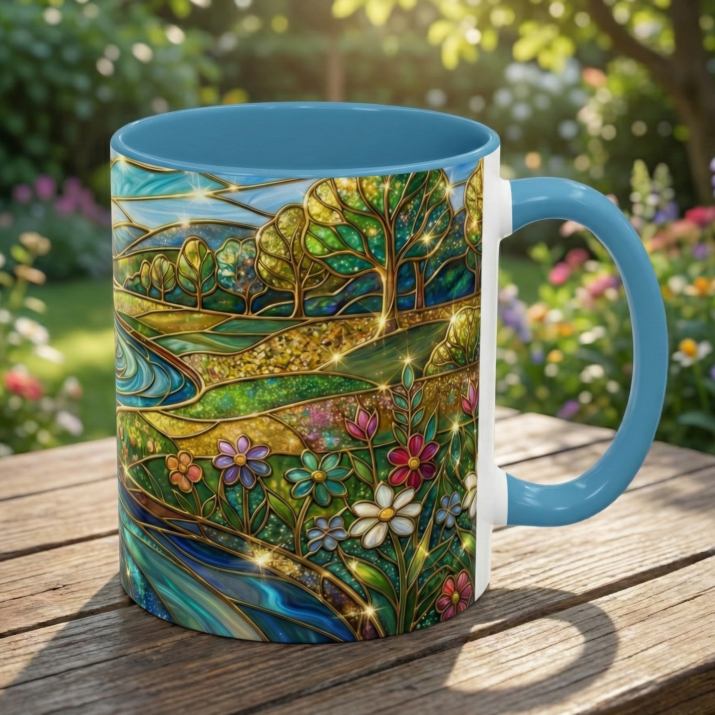 Stained Glass Mug, River Landscape Coffee Cup, Nature Lover Gift, Floral Tea Mug, Gardener Present, Art Teacher Gift, Colorful Scenery Cup
