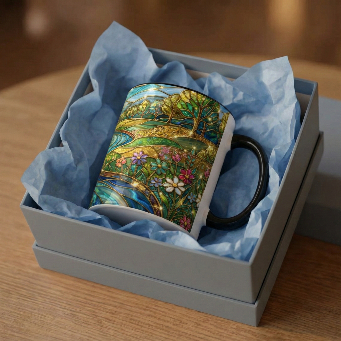 Stained Glass Mug, River Landscape Coffee Cup, Nature Lover Gift, Floral Tea Mug, Gardener Present, Art Teacher Gift, Colorful Scenery Cup